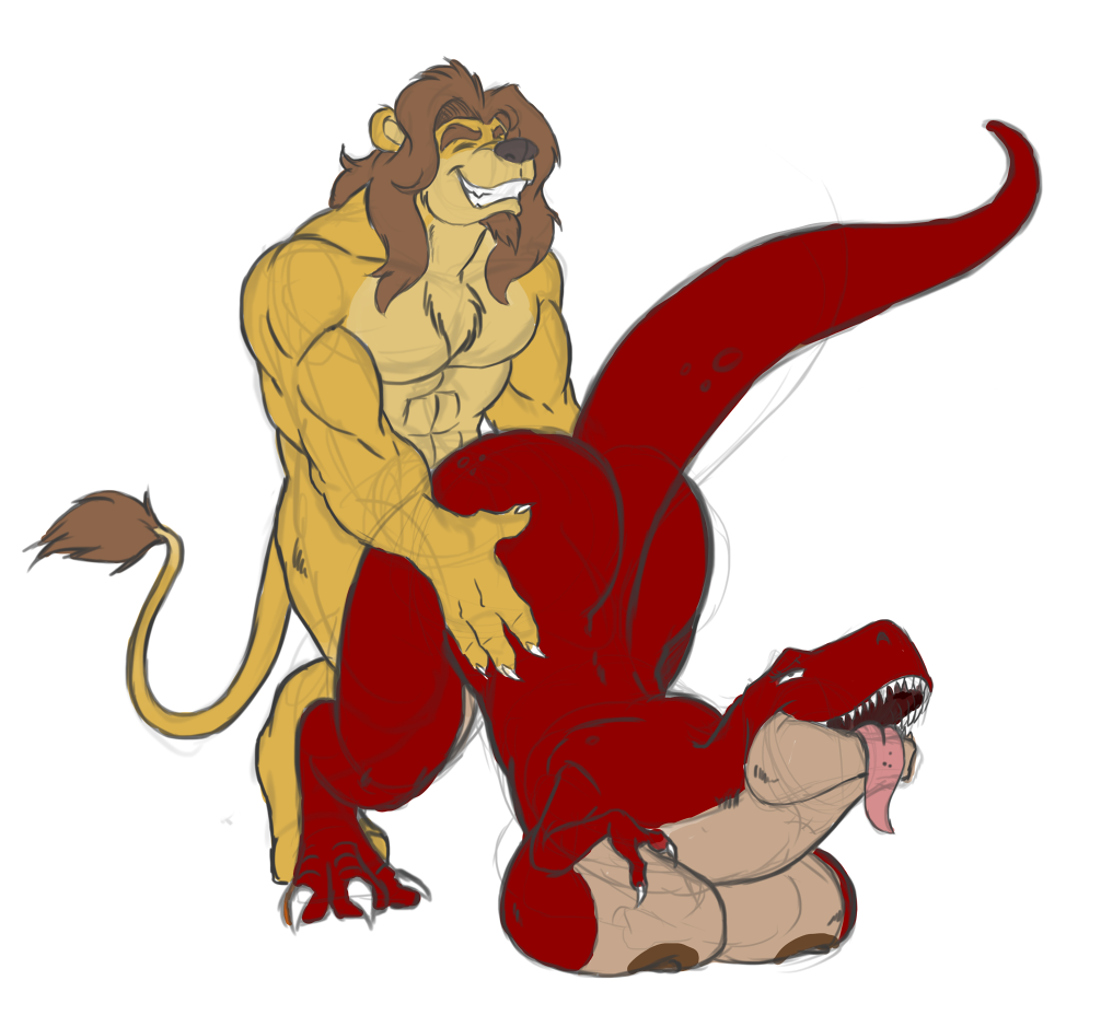 1boy 1girls abs anthro areolae ass_grab biceps black_nose breasts chest_tuft claws cleavage clenched_teeth colored_sketch dinosaur doggy_style duo female from_behind_position furry goatee huge_breasts interspecies lars_lionheart leonine leonine_tail lion long_hair_male lordstevie male mammal mane masculine mature_male muscles muscular_male nipples non-mammal_breasts nude original_character pleasure_face red_body rolling_eyes scalie sex sharp_teeth simple_background smile straight tail tail_tuft toe_claws tongue tongue_out top-down_bottom-up tyrannosaurus_rex vaginal_penetration white_background yellow_fur