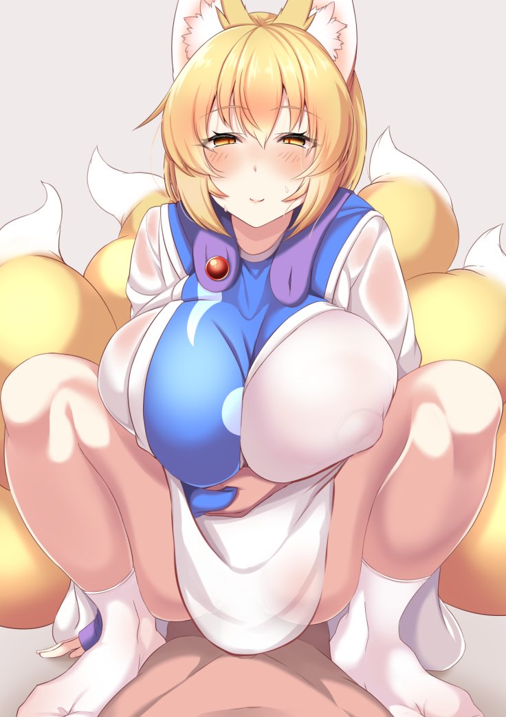 1boy animal_ear_fluff blonde_hair blush breasts clothed_sex covered_nipples eyebrows_visible_through_hair female horny huge_breasts inverted_nipples looking_at_viewer multiple_tails pov pov_crotch ran_yakumo sex smile squatting_cowgirl_position straight tail touhou wildcat_(kusonemi) yellow_eyes