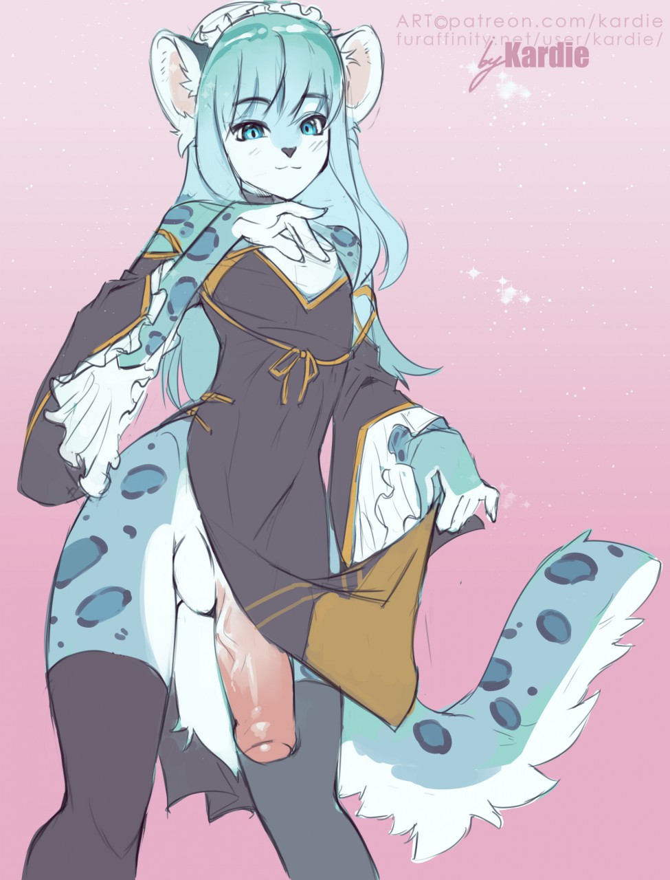1boy, animal ears, anthro, balls, black choker, black legwear, black thighhighs, blue eyes, blue hair, choker, eyebrows, eyebrows visible through hair, femboy, hair, huge cock, hung trap, large balls, legwear, lifted by self, lifting, long hair, male, male anthro, male only, penis, resine, solo, solo male, tail, thighhighs, topwear