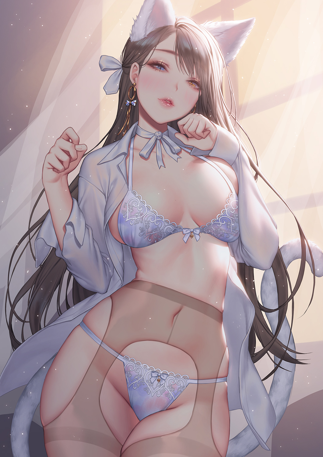 1girls cleavage lingerie long_hair love_cacao nekomimi open_clothes pantyhose pose solo standing