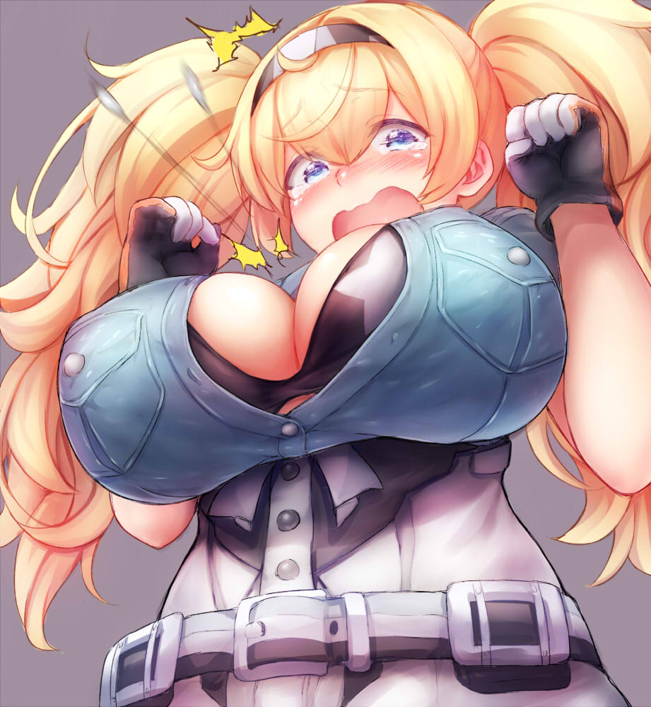 big_breasts bikini_top black_bikini_top blonde_hair blue_eyes blush bursting_breasts cleavage crying_with_eyes_open denim embarrassed female female_only gambier_bay_(kantai_collection) gloves hairband huge_breasts kantai_collection looking_at_viewer low-angle_view messy_hair mogera81 nipple_bulge open_mouth open_shirt popped_button solo tears twintails wardrobe_malfunction