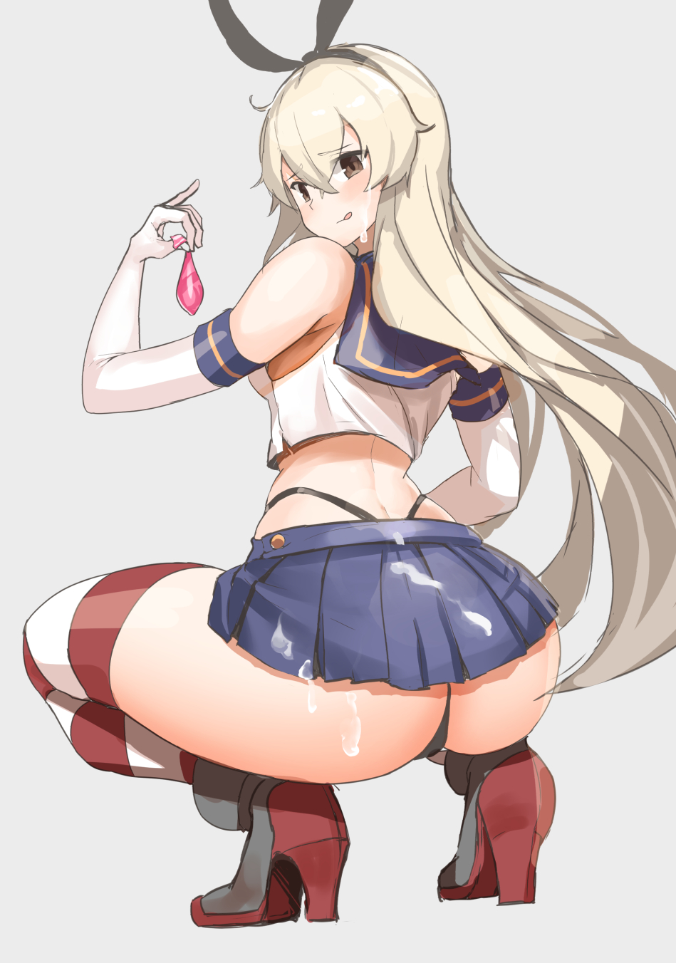 animal_ears ass bangs black_panties blonde_hair blush bukkake condom cum elbow_gloves eyebrows_visible_through_hair female from_behind gloves grey_background hagoromoo hairband highres holding holding_condom kantai_collection licking_lips long_hair panties shimakaze_(kantai_collection) simple_background skirt solo squatting striped striped_legwear thighhighs tongue tongue_out underwear used_condom white_gloves