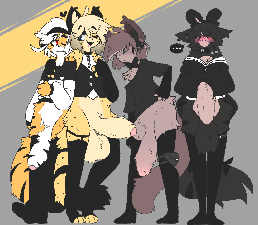 4boys animal_ears anthro balls black_bowtie black_collar black_thighhighs blonde_hair blue_eyes bowtie brown_fur brown_tail caeleste cheetah clothing collar femboy fur huge_balls huge_cock male male_anthro male_only orange_fur penis red_eyes tail thighhighs topwear white_hair yellow_fur