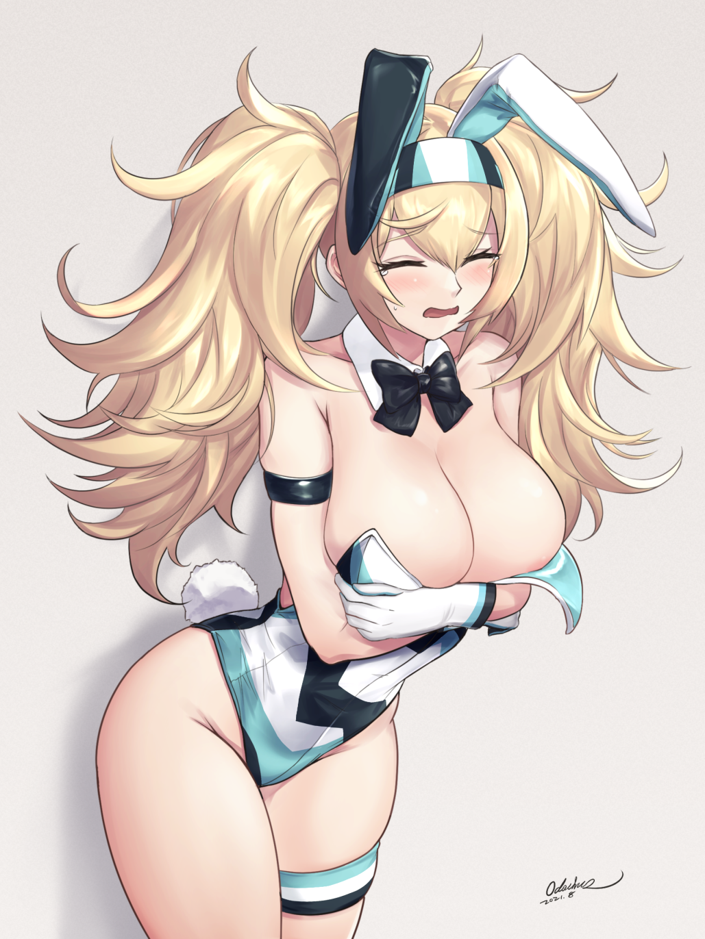 areola_slip armband arms_crossed_under_breasts arms_under_breasts big_breasts blonde_hair blush bowtie bunny_ears bunny_tail bunnysuit cleavage closed_eyes crossed_arms embarrassed female female_only gambier_bay_(kantai_collection) garter gloves hairband huge_breasts kantai_collection long_hair messy_hair neck_ribbon odachu solo tears thick_thighs thigh_strap thin_waist twintails wardrobe_malfunction white_gloves