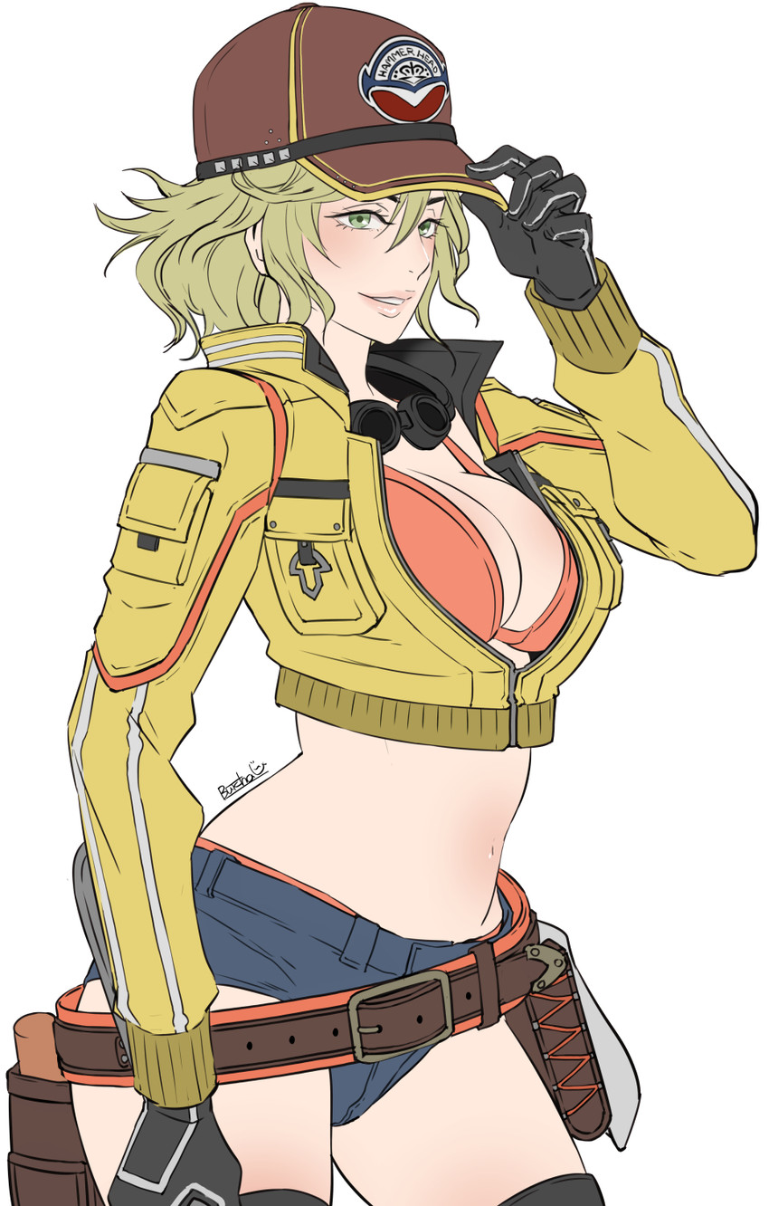 baseball cap, belt, black gloves, blonde hair, breasts, butcha-u, cindy aurum, cropped jacket, denim, denim shorts, female, final fantasy, final fantasy xv, gloves, goggles, goggles around neck, green eyes, hat, highres, jacket, lips, navel, shorts, solo, utility belt, white background, wrench, yellow jacket