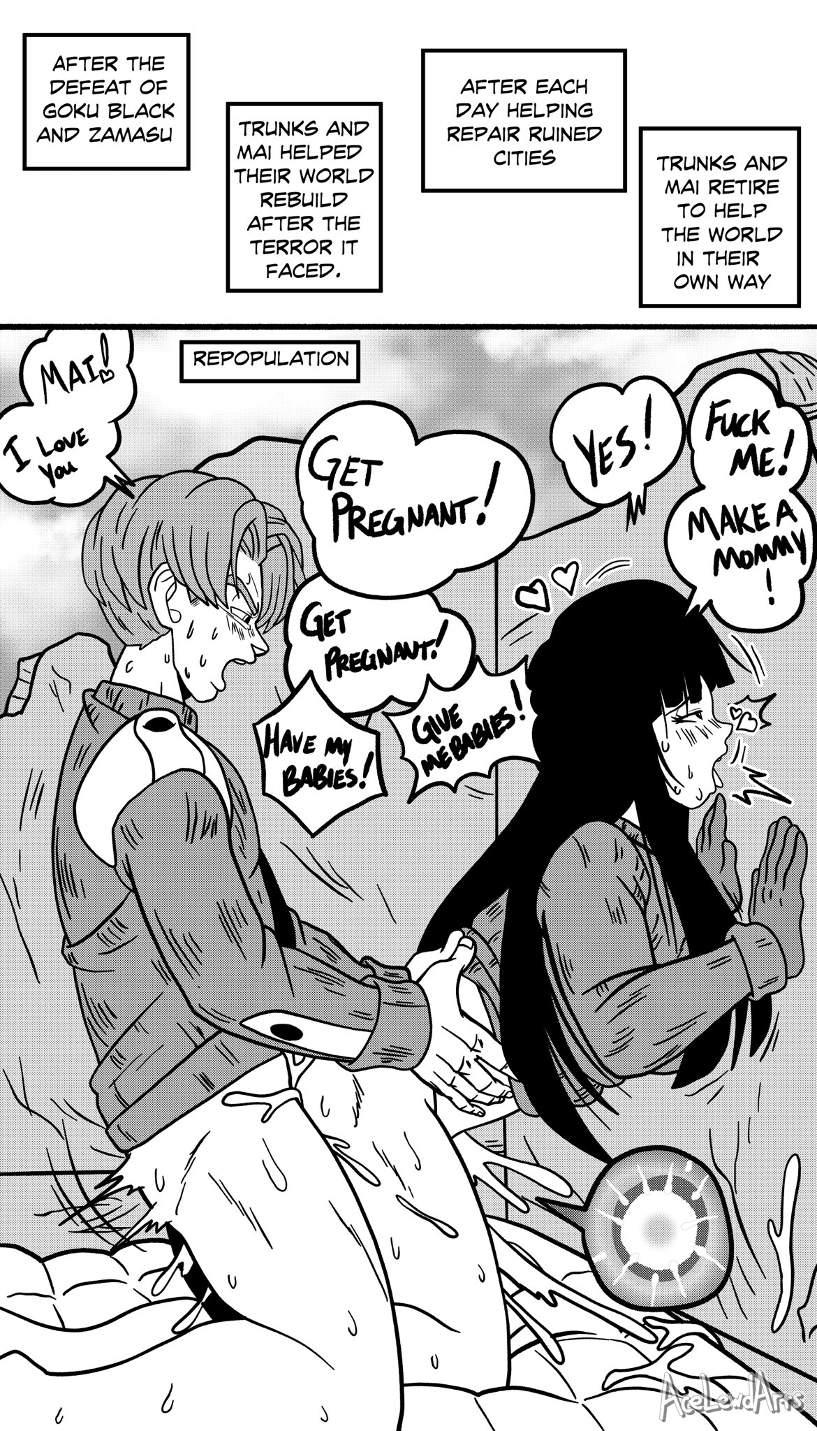 1boy, 1girls, acelewdarts, couple, cum, cum inside, dirty talk, doggy style, dragon ball, dragon ball super, english text, female, future mai, future trunks, impregnation, mai (dragon ball), male, male/female, ovum, repopulation, speech bubble, text, trunks briefs
