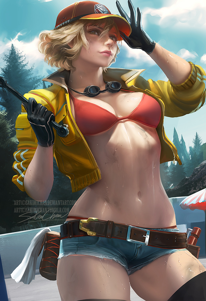 10s artist_name bare_shoulders baseball_cap belly belt belt_pouch bikini bikini_top black_gloves blonde_hair breasts cindy_aurum cleavage cropped_jacket curly_hair denim denim_shorts dirty dirty_face female female_focus final_fantasy final_fantasy_xv gloves goggles goggles_around_neck green_eyes hat hip_focus jacket jean_shorts large_breasts legs legwear light_smile lips lipstick looking_at_viewer makeup navel pouch realistic red_bikini sakimichan short_hair short_shorts shorts signature simple_background smile solo sweat sweatdrop swimsuit thighhighs thighs toned trucker_hat utility_belt whale_tail wrench yellow_jacket