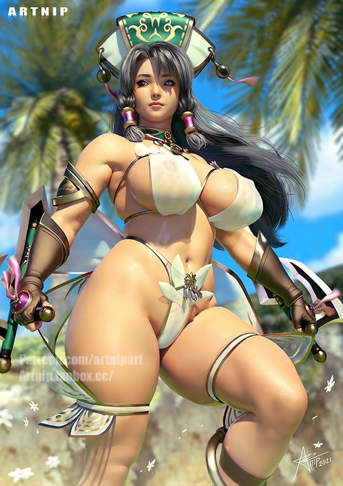 1girls 2021 aged_up artnip bare_thighs big_breasts bikini black_hair busty child_bearing_hips female huge_breasts long_hair navel nipples_visible_through_clothing smile solo solo_female soul_calibur tagme talim thick thick_thighs voluptuous white_bikini