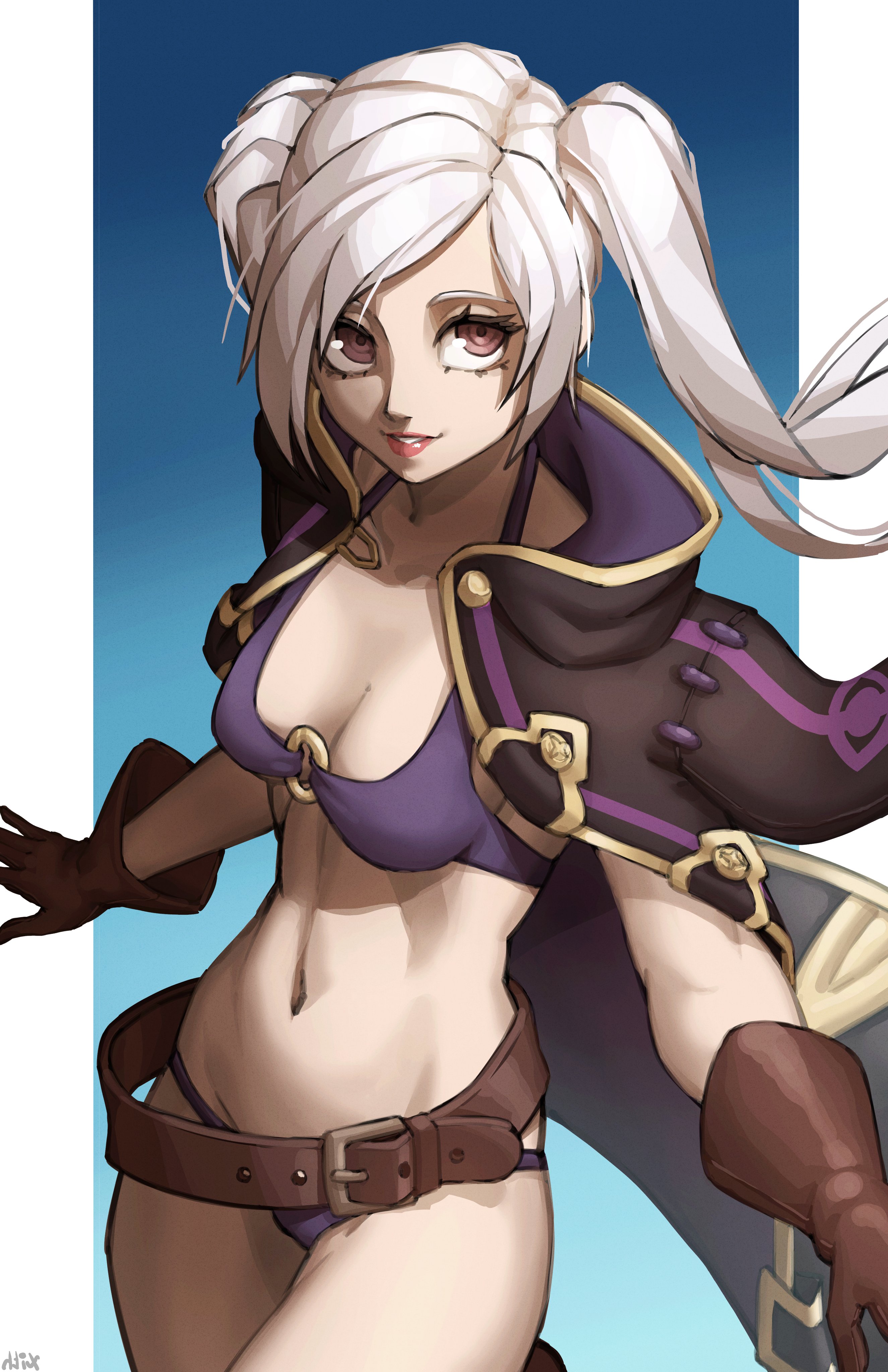 1girls, alternate costume, bikini, breasts, brown eyes, cleavage, female, fire emblem, fire emblem awakening, fire emblem heroes, medium hair, nintendo, official alternate costume, purple bikini, purple swimsuit, robin (fire emblem), robin (fire emblem) (female), smile, solo, swimsuit, twintails, white hair, x xith x