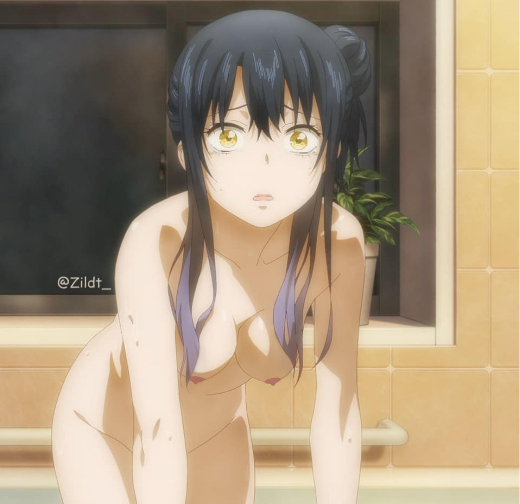 1girls, black hair, breasts, edit, female, female focus, female only, mieruko-chan, naked, nipples, nude, nude female, screenshot edit, small breasts, solo, solo female, solo focus, yellow eyes, yotsuya miko