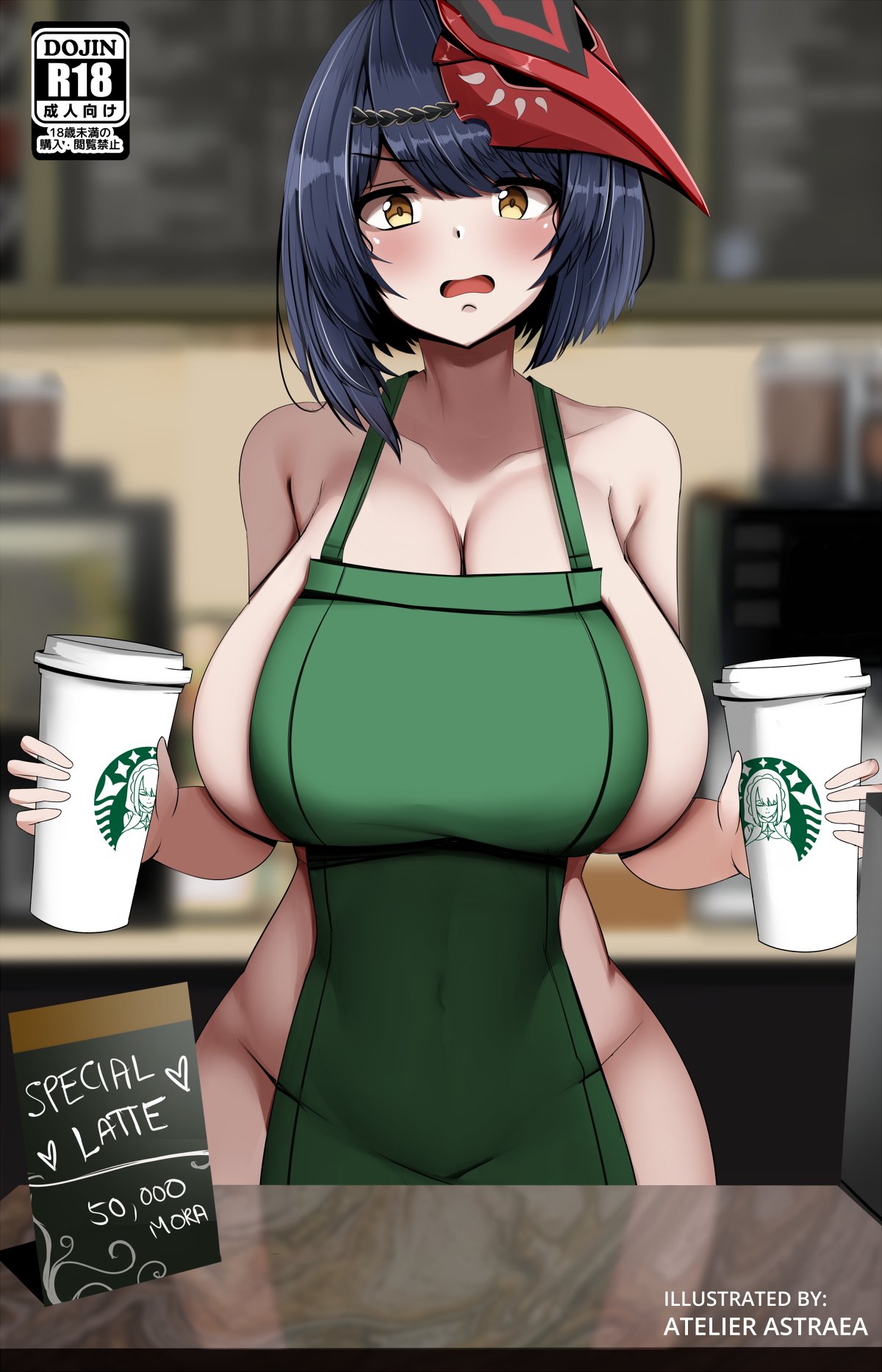 1girls, 2021, apron, apron only, artist signature, astraea (atelierastraea), black hair, breasts, cleavage, coffee cup, female, female only, flustered, genshin impact, green apron, hips, holding object, huge breasts, iced latte with breast milk, indoors, kujou sara, mask, mask on head, meme, naked apron, short hair, slim waist, thick thighs, thighs, wide hips