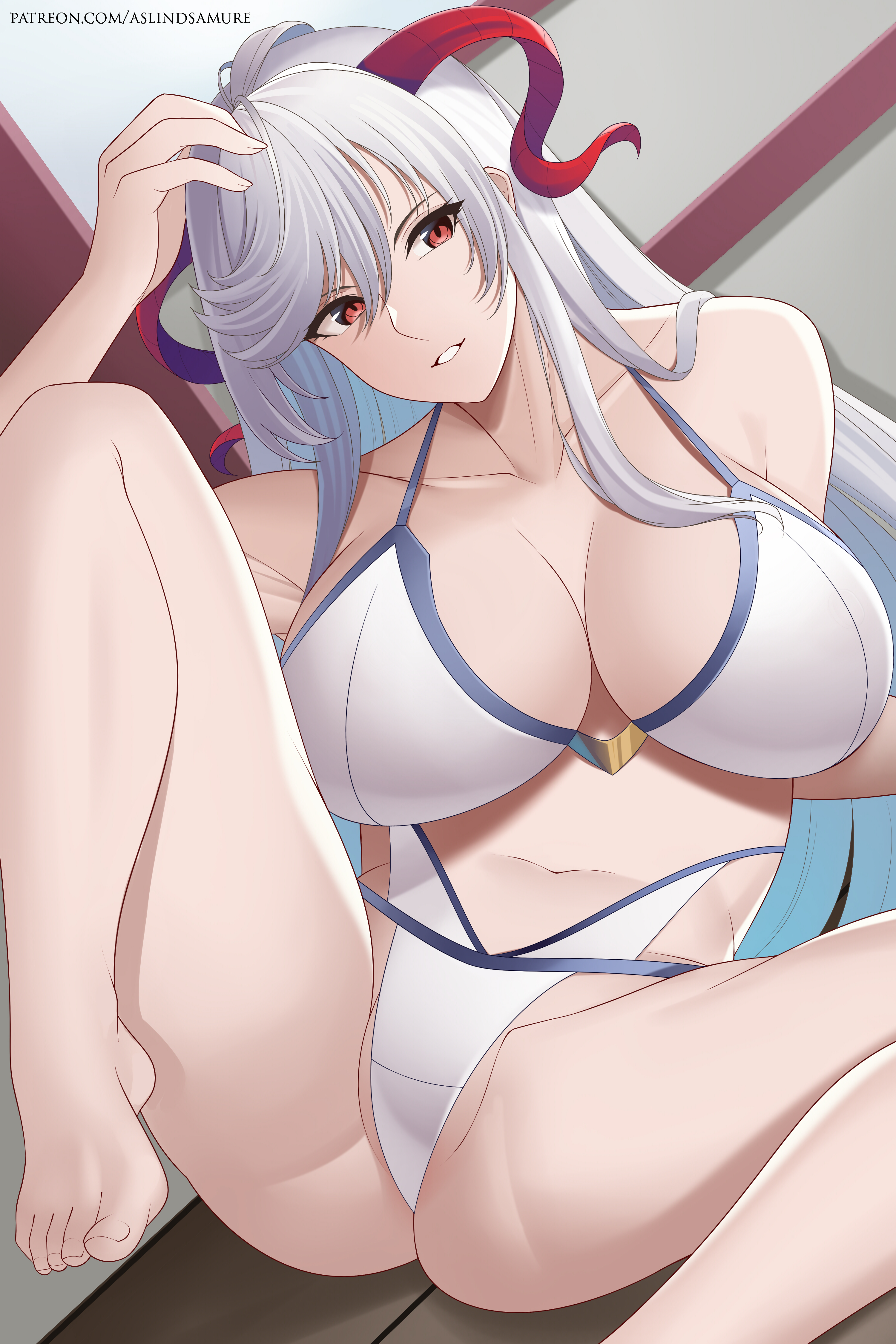 1girls, alternate costume, aslindsamure, bangs, bikini, bra, bra strap, breasts, cleavage, collarbone, feet, female, female only, fire emblem, fire emblem heroes, freyja (fire emblem), goat horns, gold, hand on head, head tilt, huge breasts, legs, legs apart, legs spread, legs up, lingerie, long hair, looking at viewer, navel cutout, nintendo, official alternate costume, red eyes, red horns, sitting, solo, swimsuit, thighs, very long hair, watermark, white bikini, white hair, white swimsuit