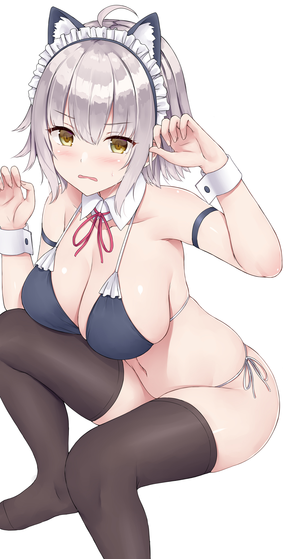 ahoge, animal ears, bangs, breasts, cat ears, fate (series), fate/grand order, female, highres, jeanne alter, jeanne d'arc (alter) (fate), jeanne d'arc (fate), large breasts, looking at viewer, mizunashi kenichi, short hair, silver hair, solo, yellow eyes