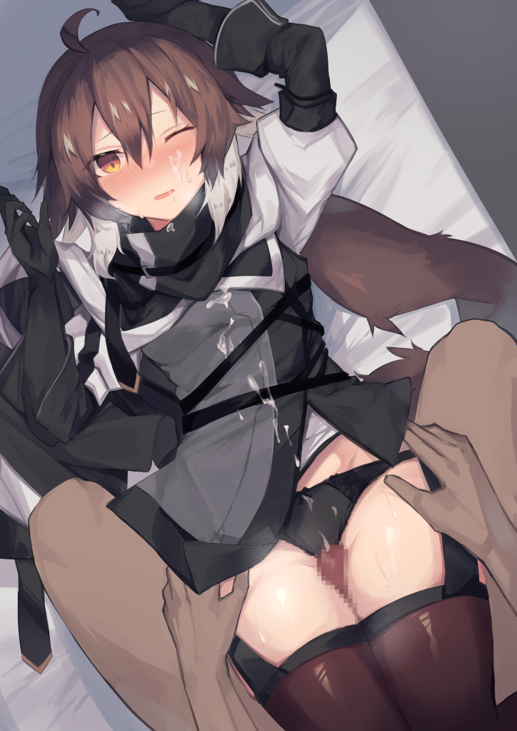 1boy ahoge arknights black_cape black_gloves black_legwear black_panties blush bow bow_panties breasts cape censored clothed_sex commentary cowboy_shot cum cum_on_clothes dark-skinned_male dark_skin ejaculation elbow_gloves facial female garter_belt gloves grey_shirt hair_between_eyes hands_on_another's_hips hands_up looking_at_viewer lying mosaic_censoring no_hat no_headwear on_back panties penis plume_(arknights) romaji_commentary sasa_onigiri shirt short_hair small_breasts solo_focus straight sweat thigh_sex thighhighs thighs underwear yellow_eyes