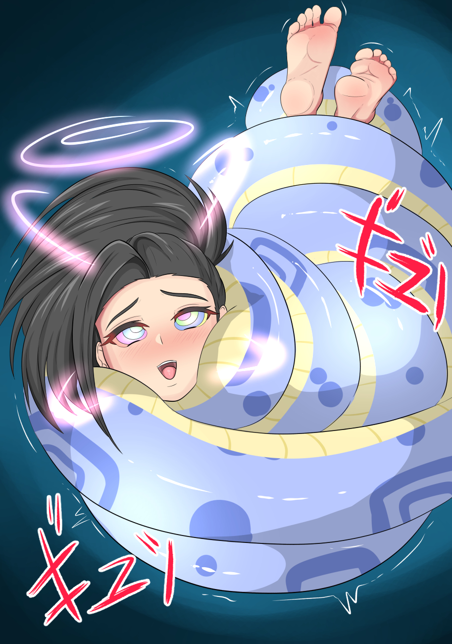 1girls, artofadam, barefoot, black hair, blush, boku no hero academia, coiling, coils, dark hair, feet, female, foot fetish, hypnosis, kaa eyes, long hair, mind control, momo yaoyorozu, my hero academia, open mouth, smile, snake, soles, squeezing, yaoyorozu momo