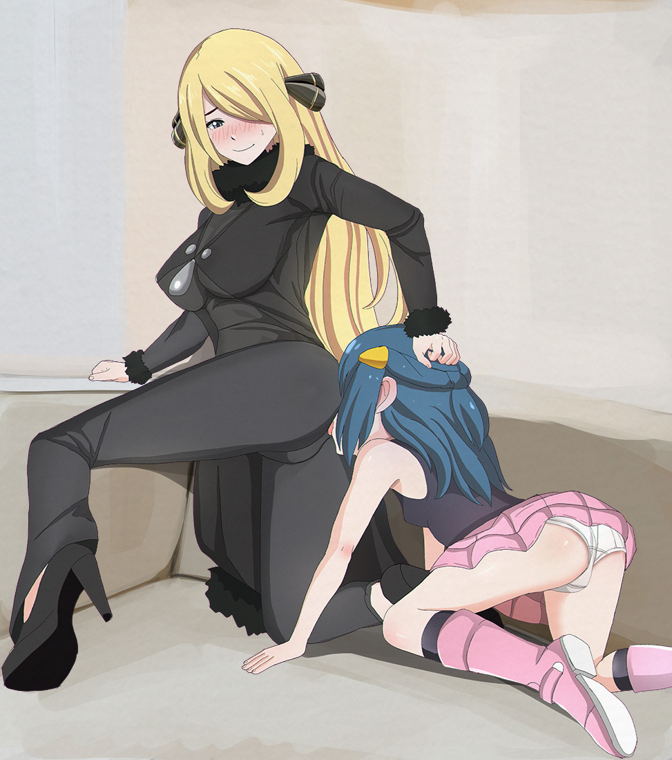 2girls age_difference all_fours anilingus_through_clothes aruman black_coat black_footwear black_legwear black_pants black_shirt blonde_hair blush boots breasts closed_mouth coat commentary_request cynthia_(pokemon) dawn_(pokemon) eyelashes fur-trimmed_coat fur_collar fur_trim grey_eyes hair_ornament hair_over_one_eye hairclip hand_on_another's_head high_heels indoors kneehighs long_hair long_sleeves looking_back multiple_girls panties pants pink_footwear pink_skirt pokemon pokemon_(game) pokemon_dppt shirt skirt sleeveless sleeveless_shirt smile spread_legs sweatdrop tongue tongue_out underwear white_panties yuri