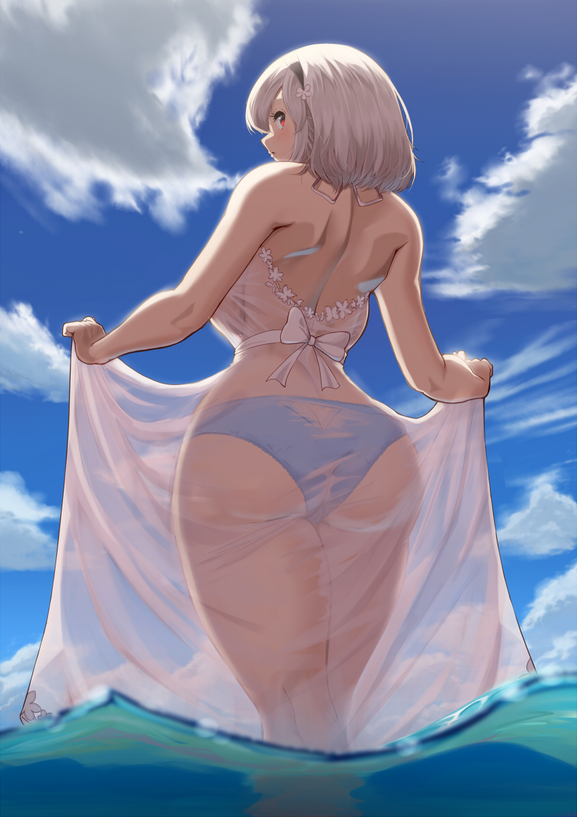 ass ass_cleavage azur_lane butt_crack dress female female_focus female_only light-skinned_female light_skin looking_at_viewer looking_back looking_back_at_viewer maku_ro short_hair sirius_(azur_lane) solo solo_female thighs white_hair