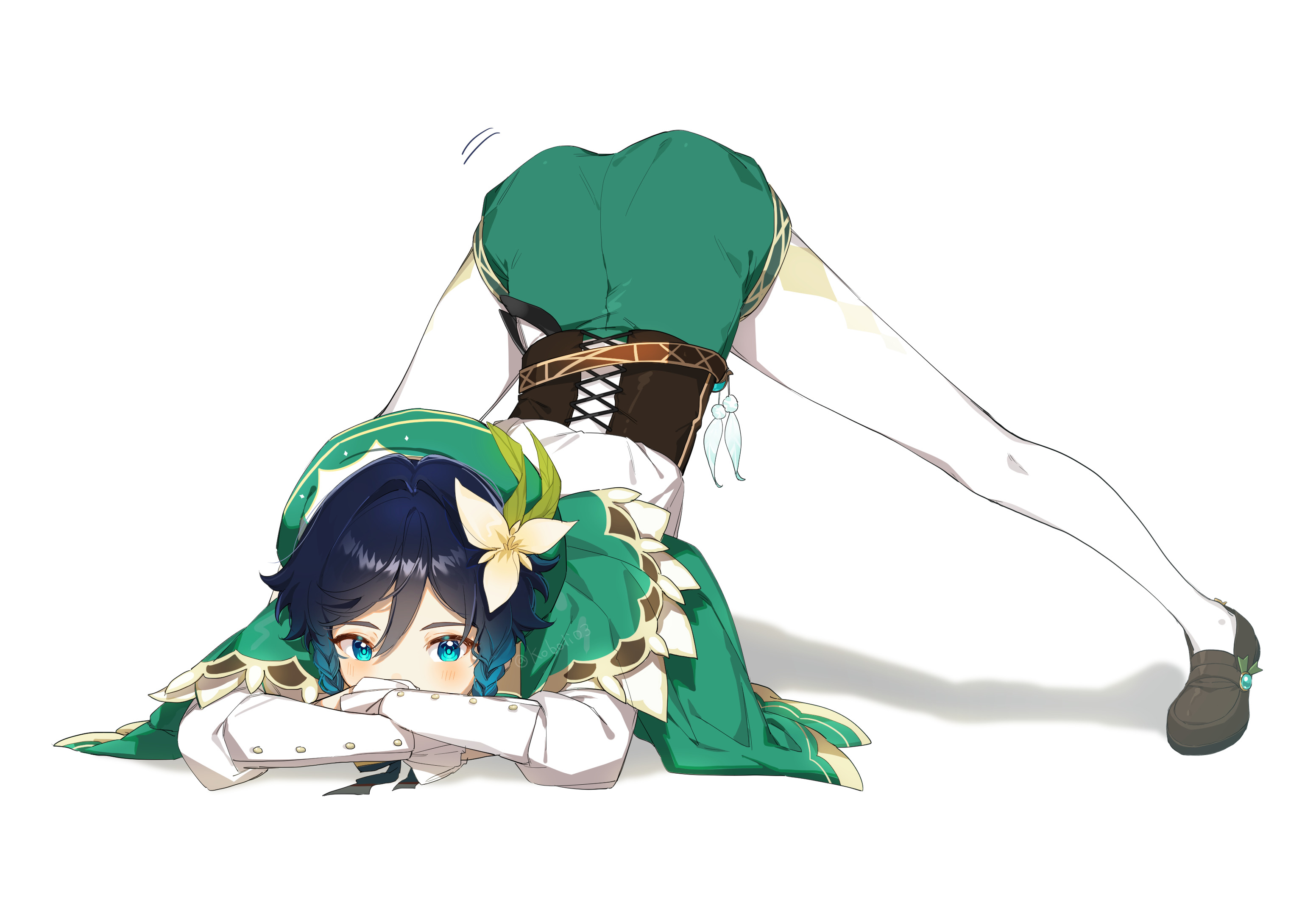 1boy, ass, ass up, black hair, blush, braid, clothed, femboy, genshin impact, jack-o pose, kkopoli, male, teal eyes, teal hair, trap, venti (genshin impact)