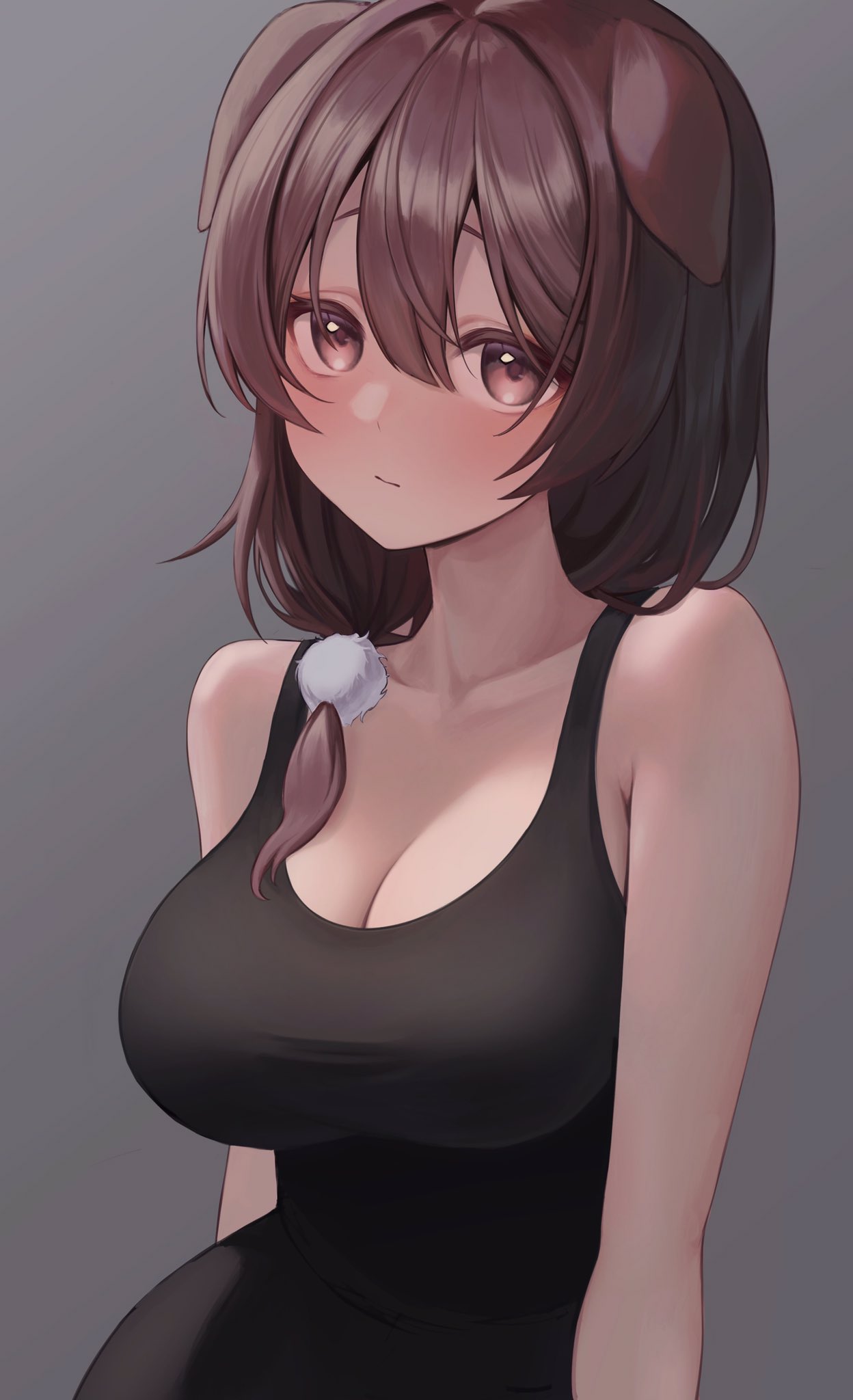 1girls, animal ears, bangs, bare shoulders, big breasts, black dress, black tank top, blush, breasts, brown eyes, brown hair, cleavage, closed mouth, clothed, clothing, dog ears, dog girl, dress, female, female only, grey background, hair between eyes, hair ornament, highres, hololive, hololive gamers, hololive japan, human, human only, humanoid, inugami korone, large breasts, long hair, looking at viewer, oni0417, pom pom (clothes), pom pom hair ornament, simple background, sleeveless, sleeveless dress, solo, solo female, tank top, upper body, virtual youtuber, voluptuous