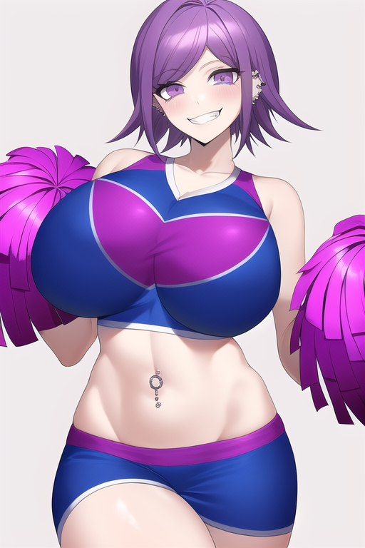 ai_generated cheerleader cheerleader_uniform danganronpa danganronpa_v3 evil_grin evil_smile genderswap_(mtf) huge_breasts kokichi_ouma lair nai_diffusion navel_piercing ouma_kokichi purple_eyes purple_hair rule_63 slutty_outfit stable_diffusion