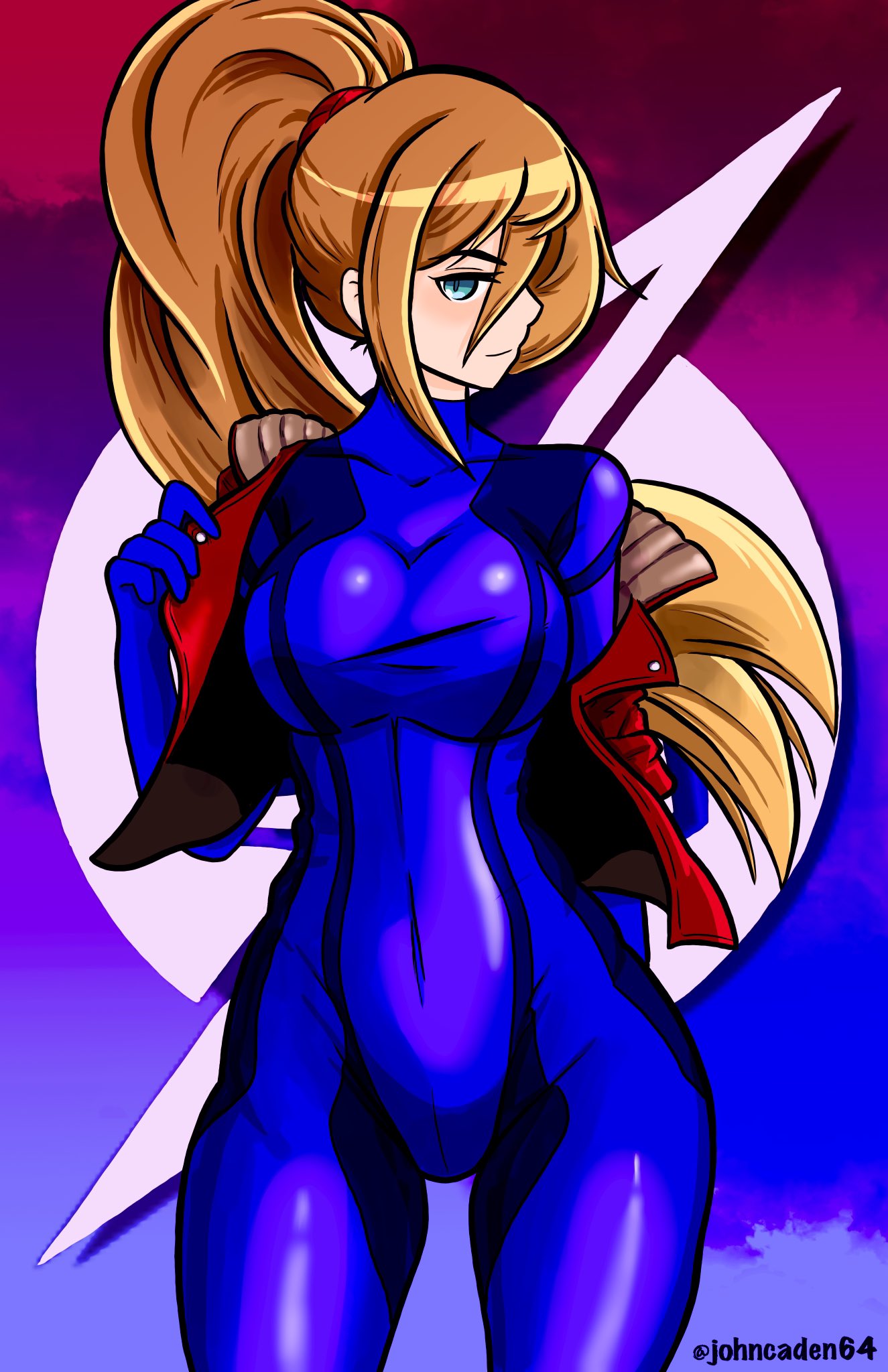 blonde_hair clothed clothing female johncaden leather_jacket metroid nintendo samus_aran solo tagme zero_suit zero_suit_samus