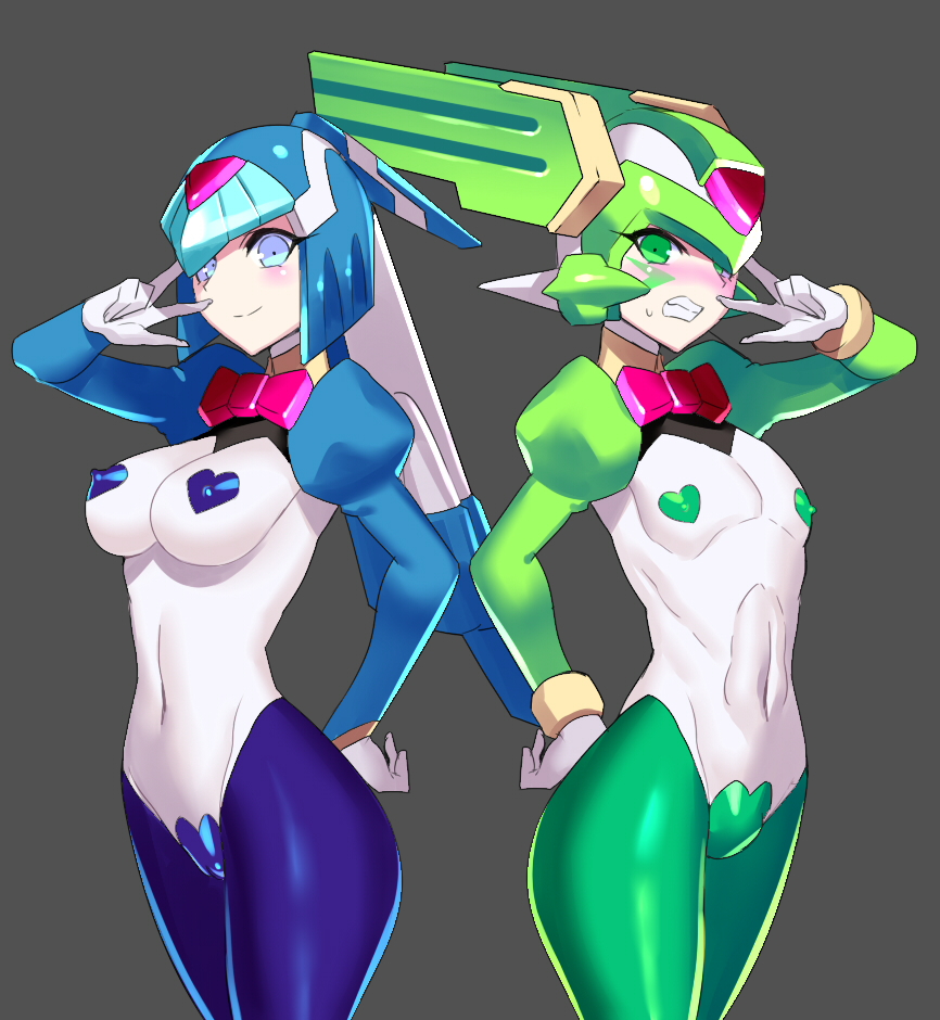 1boy 1girls blue_eyes both_sexes_in_same_situation brother_and_sister capcom fairy_leviathan femboy green_eyes helmet mega_man mega_man_zero nipple_bulge pasties reverse_bunnysuit sage_harpuia tagme ukimukai video_games