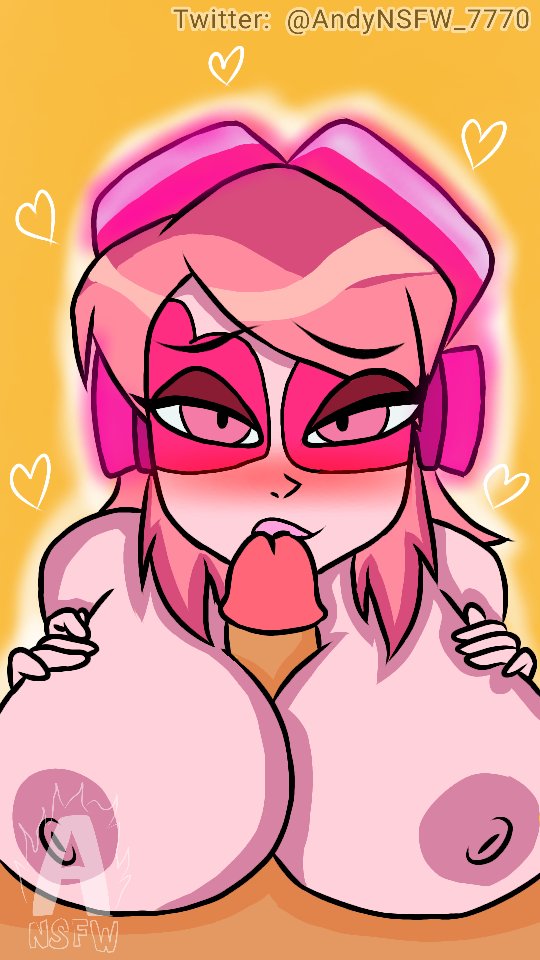 andynsfw 7770, big breasts, boobjob, breasts, cartoon network, female, male, male/female, medium hair, miss heed (villainous), nipples, oral, penis, pink body, pink hair, sex, superheroine, tagme, text, villainous