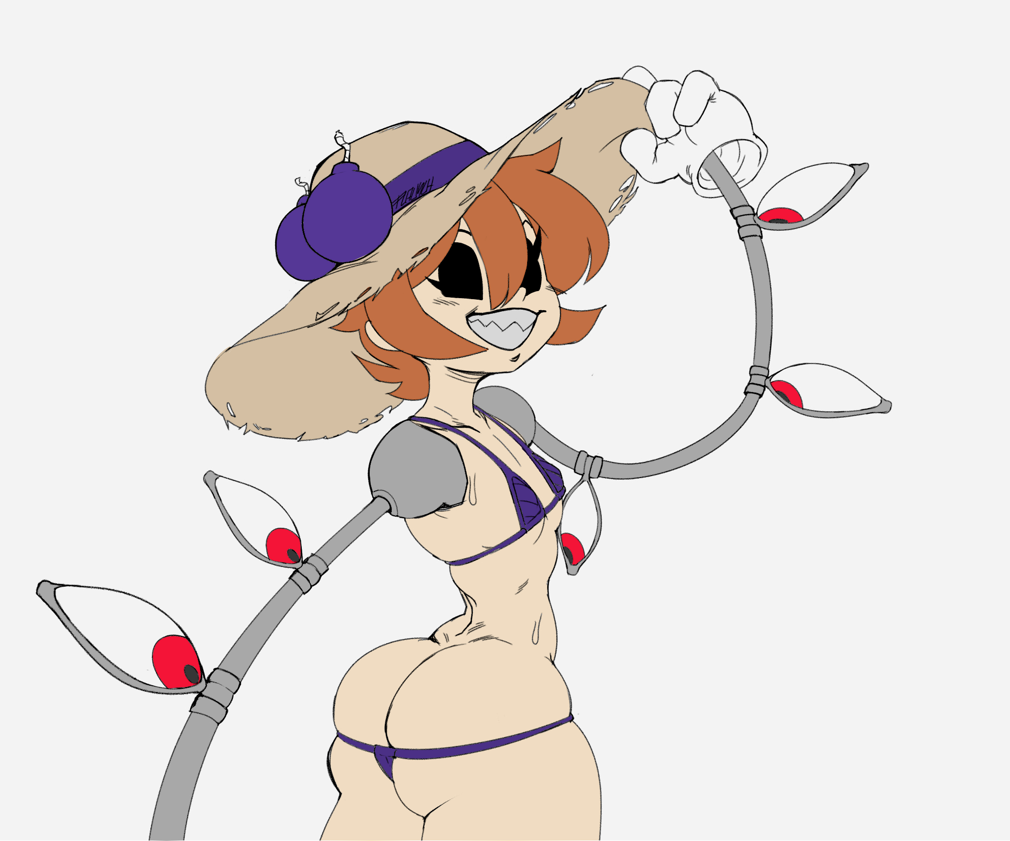 ass, ass cleavage, ass crack, big ass, big butt, bikini, bomb, breasts, butt crack, butt squish, female, flauschdraws, gloves, hips, mob face, peacock (skullgirls), sharp teeth, short hair, skullgirls, small breasts, smile, sunhat, thighs