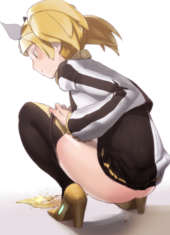 alternate_costume ass bikkuuri_ottamageruta black_legwear black_panties blonde_hair female from_side gold_footwear gold_trim headphones headphones_around_neck kagamine_rin panties peeing project_diva_(series) reactor_(module) roshin_yuukai_(vocaloid) solo underwear urine vocaloid