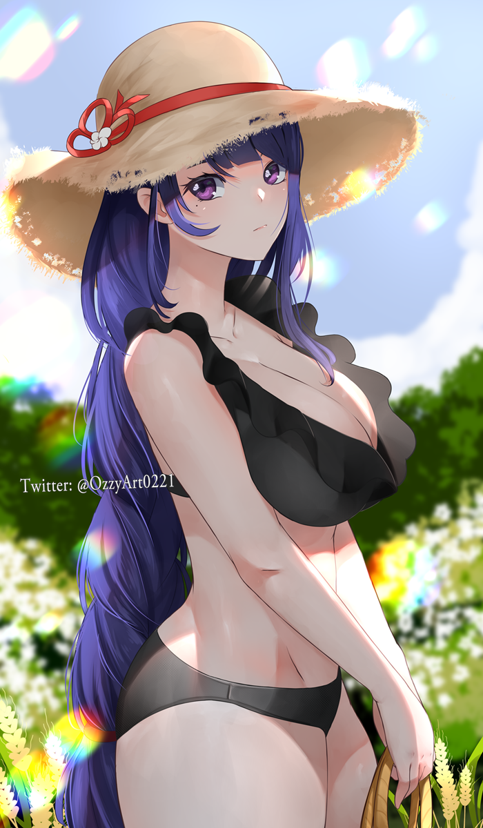 1girls, absurdres, ass, big ass, bikini, bikini bottom, bikini top, black bikini, black bikini bottom, black bikini top, blush, braided hair, breasts, cleavage, detailed background, fat ass, female, genshin impact, highres, huge ass, huge breasts, huge butt, large ass, large breasts, looking at viewer, mole, mole under eye, ozzyart, purple eyes, purple hair, raiden shogun, shoulders, side view, sideboob, solo, straw hat, thick, thick ass, thick thighs, thighs