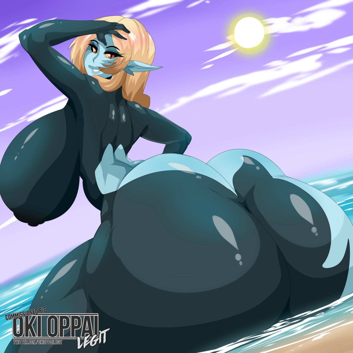 1girls, alternate breast size, ass, back view, beach, big ass, big breasts, big butt, big thighs, breasts, bubble ass, bubble butt, female, female only, large ass, large breasts, large butt, large thighs, looking at viewer, looking back, midna, nintendo, okioppai, orange hair, seductive, seductive smile, short hair, side view, sideboob, smelly ass, solo, the legend of zelda, thick thighs, thighs, twili midna, twilight princess, wide hips