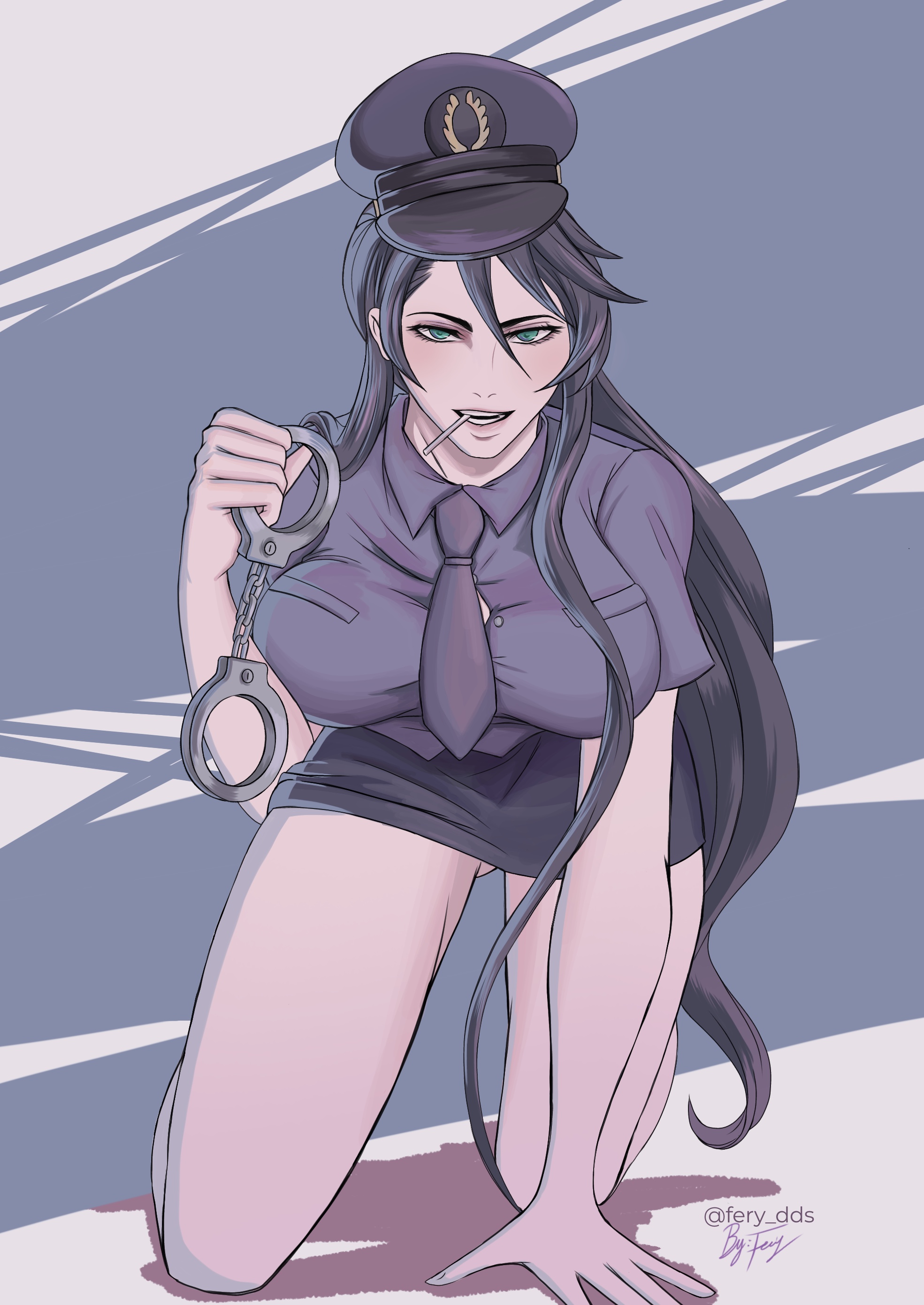 artist request, big breasts, bite, black hair, breasts, brunhilde (shuumatsu no valkyrie), female, female focus, female only, green eyes, hand on floor, handcuffs, legs, lolipop, long hair, looking at viewer, police, police hat, police officer, police uniform, policewoman, seductive, seductive eyes, seductive look, seductive mouth, seductive pose, seductive smile, shuumatsu no valkyrie, smile, smiley face, smiling, smiling at viewer, solo, solo female, tagme