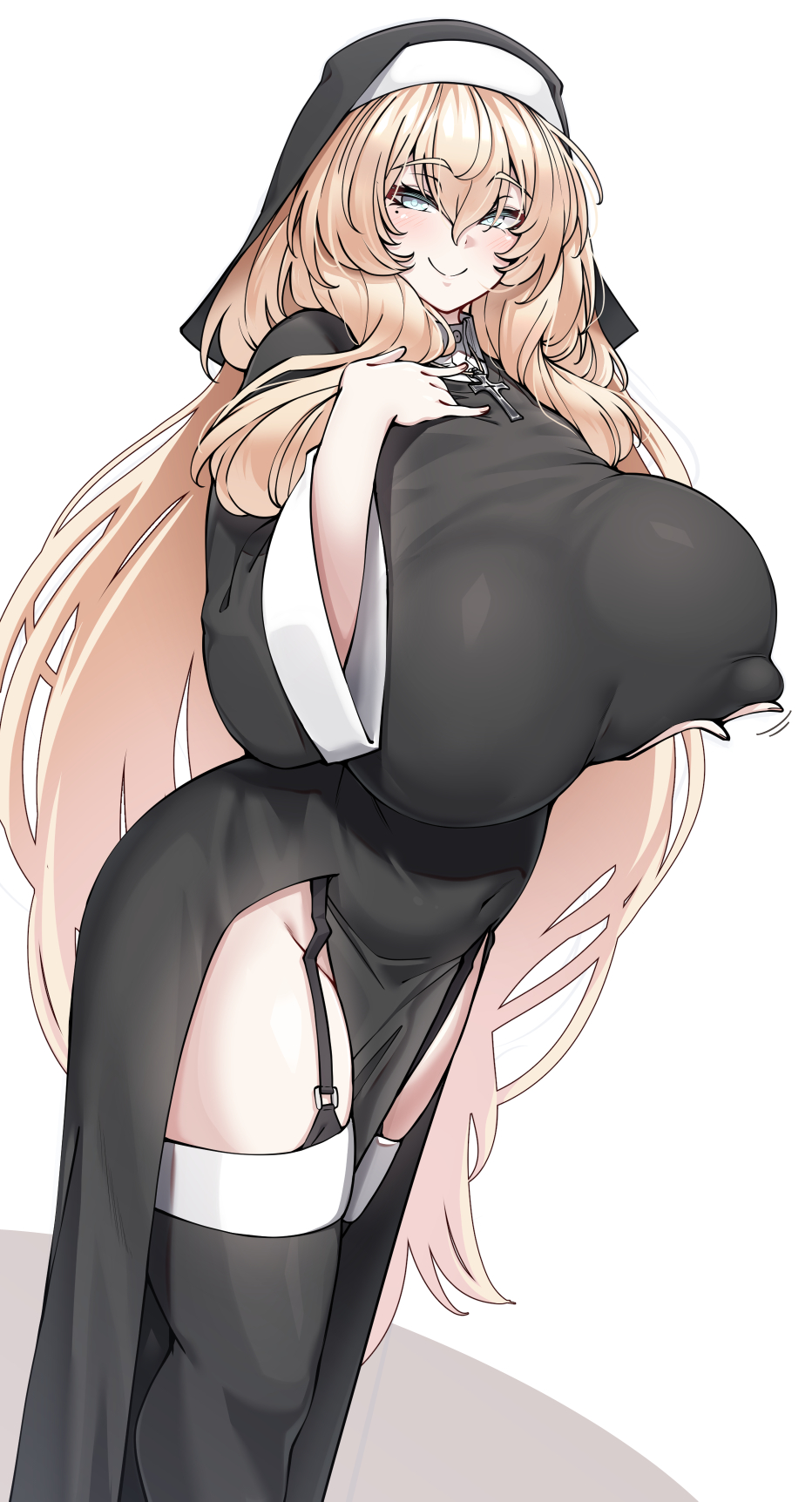 big_breasts black_dress black_legwear black_thighhighs blonde_hair crucifix enormous_breasts female female_only garter_straps habit huge_breasts long_dress long_hair looking_at_viewer mole_under_eye nun nun's_habit nun_(konoshige) original ryuun_(stiil) side_slit sister-san_(konoshige) smile solo thighhighs very_long_hair