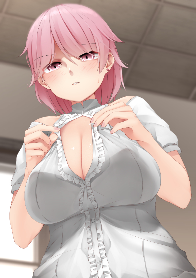 big_breasts blouse blush button_down_shirt cleavage female female_only frills giuseppe_garibaldi_(kantai_collection) kantai_collection looking_down low-angle_view ne_an_ito no_bra pink_eyes pink_hair short_hair short_sleeves solo sweatdrop upper_body white_shirt