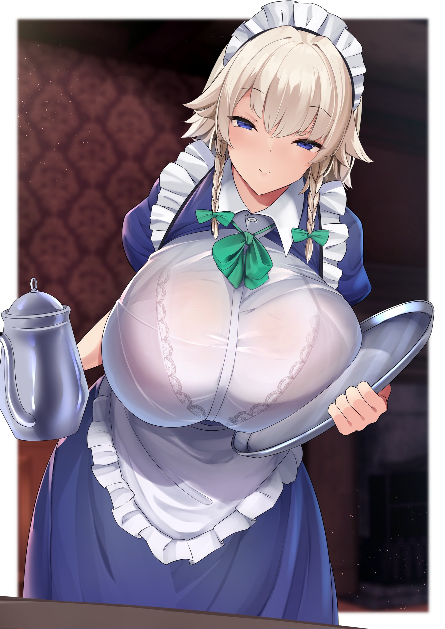 big breasts, blonde, blonde hair, blue eyes, bra, breasts, curly hair, dress, female, green ribbon, green ribbons, huge breasts, kettle, looking at viewer, maid, maid uniform, ponytail, ponytails, sakuya izayoi, see-through, see-through clothing, short hair, sinkai, skirt, smile, smiling at viewer, smirk, tea, thick thighs, thighs, touhou, tray