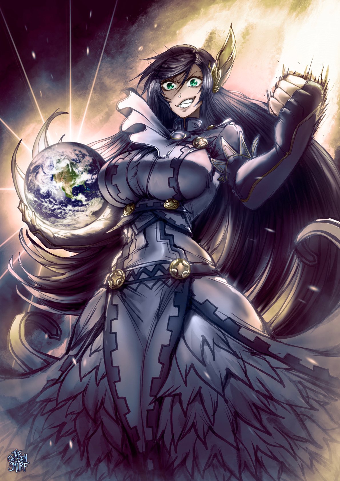 1girls big_breasts black_hair breasts brunhild_(shuumatsu_no_valkyrie) earth female female_focus female_only fist gloves green_eyes hair_ornament hips holding_planet long_hair shuumatsu_no_valkyrie skirt smile smiley_face smiling smiling_at_viewer solo solo_female tagme thegoldensmurf