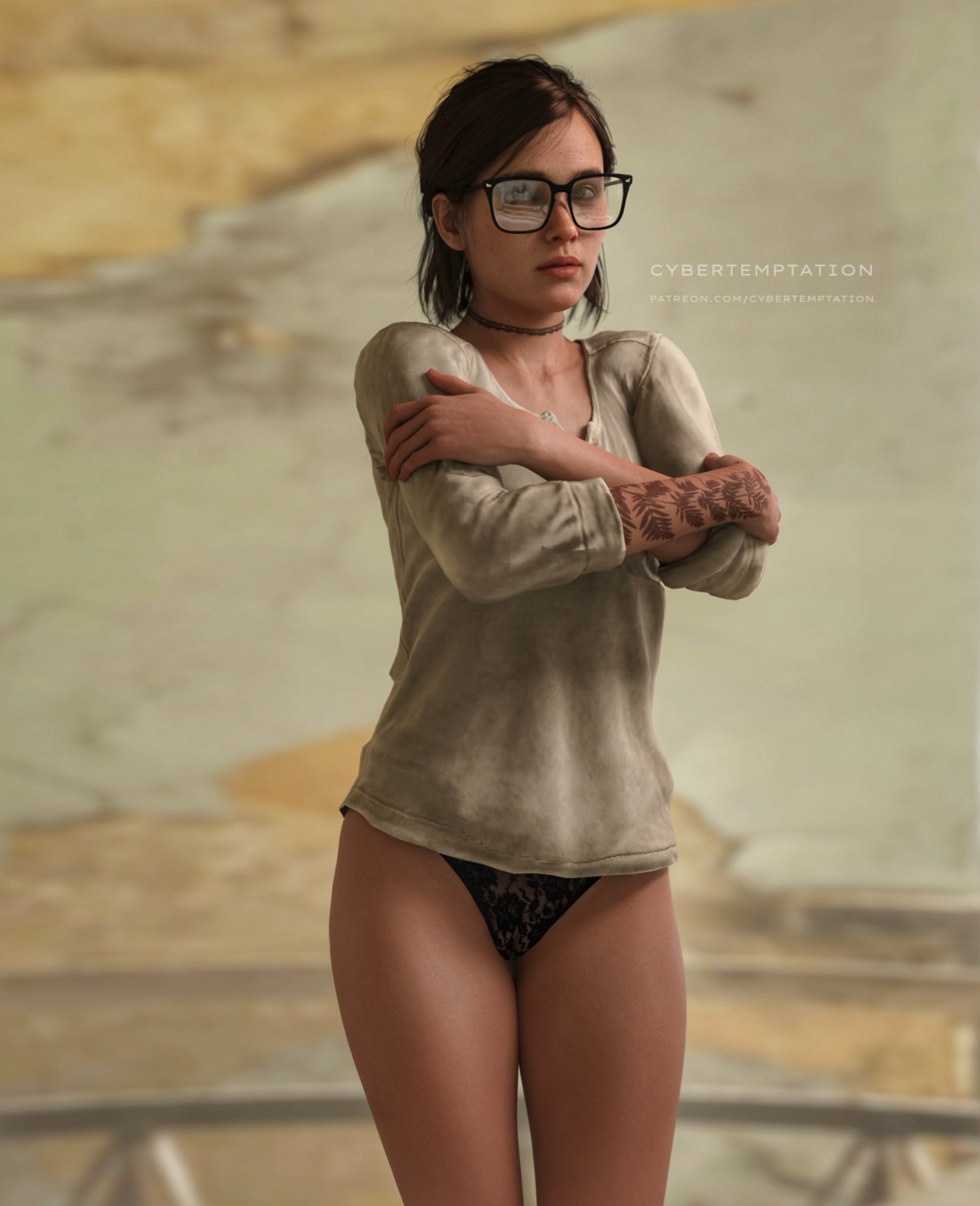 1girls, 3d, 3d (artwork), bare legs, bare thighs, black panties, brown eyes, choker, cold, collarbone, cybertemptation, ellie (the last of us), ellie williams, female, female focus, female only, glasses, hi res, lace-trimmed panties, legs, looking at viewer, naughty dog, panties, shirt, shivering, short hair, solo, solo female, solo focus, tattoo, the last of us, the last of us 2, thighs, thong, tied hair