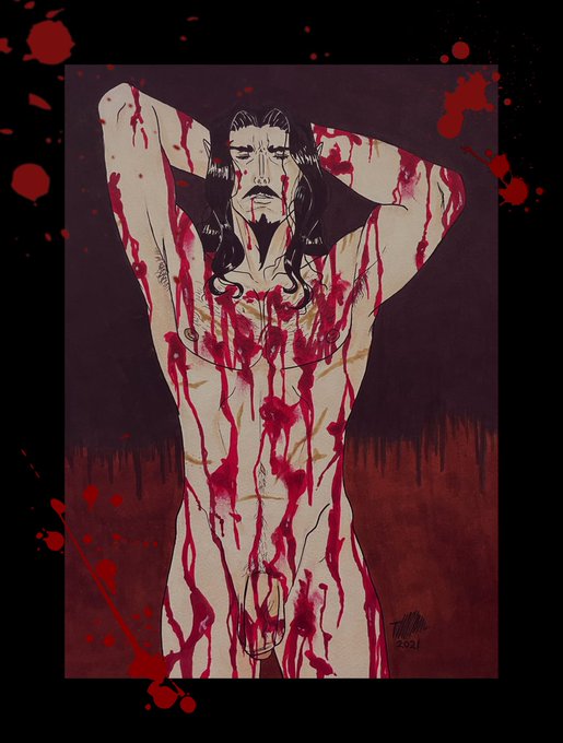 adonis_belt areolae armpit_hair armpits arms_behind_head arms_up balls ballsack bara bara_tiddies bara_tits bathing black_hair blood blood_bath blood_drip blood_everywhere castlevania castlevania_(netflix) chest_hair closed_eyes cock completely_naked completely_nude completely_nude_male dick dilf dracula dracula_(castlevania) eyebrows facial_hair flaccid_penis full_color goatee hairy_male hairy_man happy_trail hxllsfire long_hair_male muscles muscular_male naked nipples nude nude_male pale-skinned_male partially_retracted_foreskin penis pointy_ears portrait scars testicles uncensored uncircumcised uncut vampire