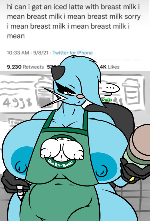 anthro apron big_breasts dewott esmeralda_(riku9797) female furry huge_breasts iced_latte_with_breast_milk meme nipples pokémon_(species) pokemon pokemon_(species) riku9797 tagme