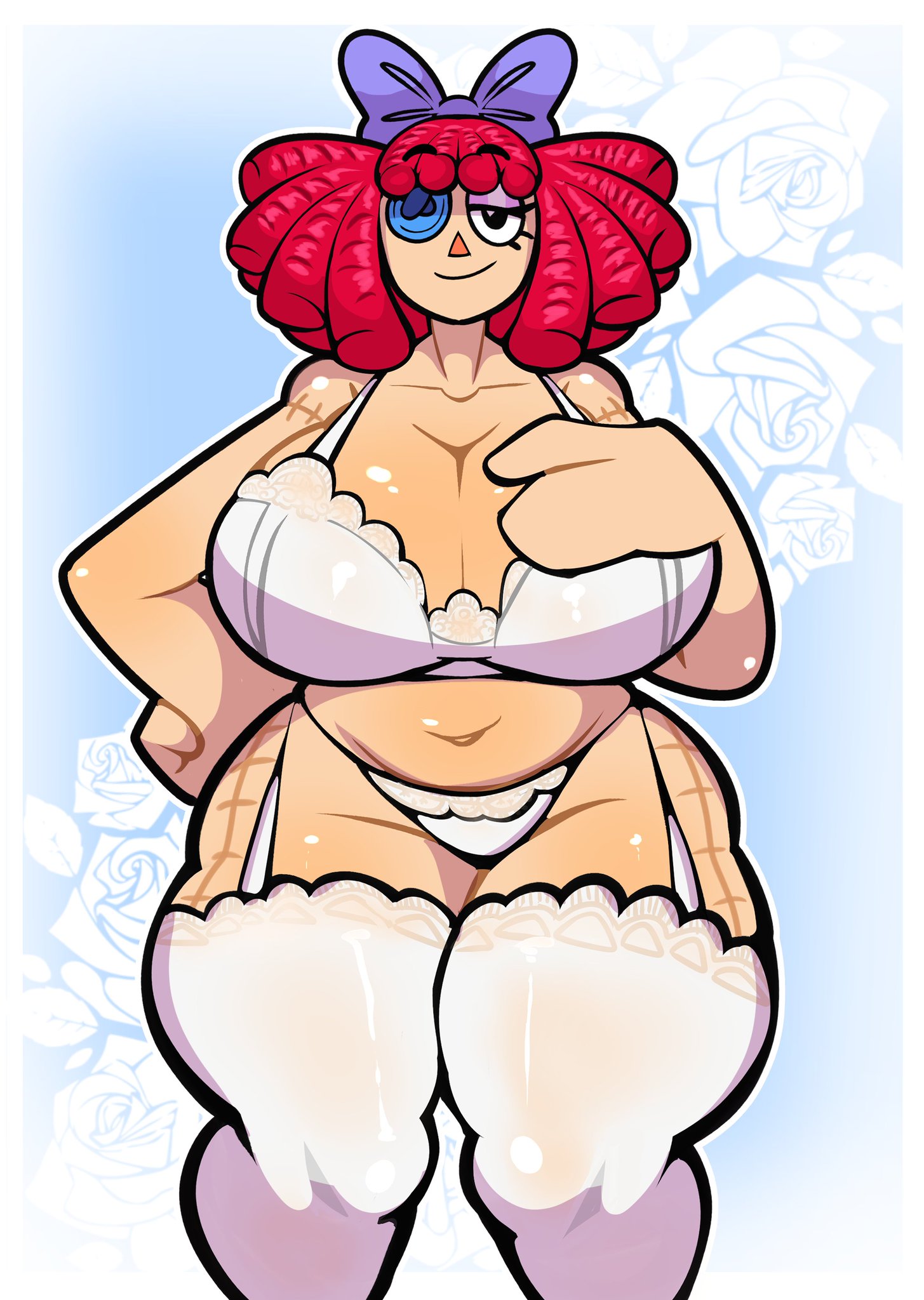 belly, belly button, bra, bun, button eye, captain dagon, chubby female, color, dagon789, doll girl, female only, glitch productions, hi res, huge ass, huge breasts, lace lingerie, lingerie, looking at viewer, panties, ragatha (the amazing digital circus), red hair, shiny skin, short hair, solo female, stockings, the amazing digital circus, thick thighs, voluptuous, wide hips