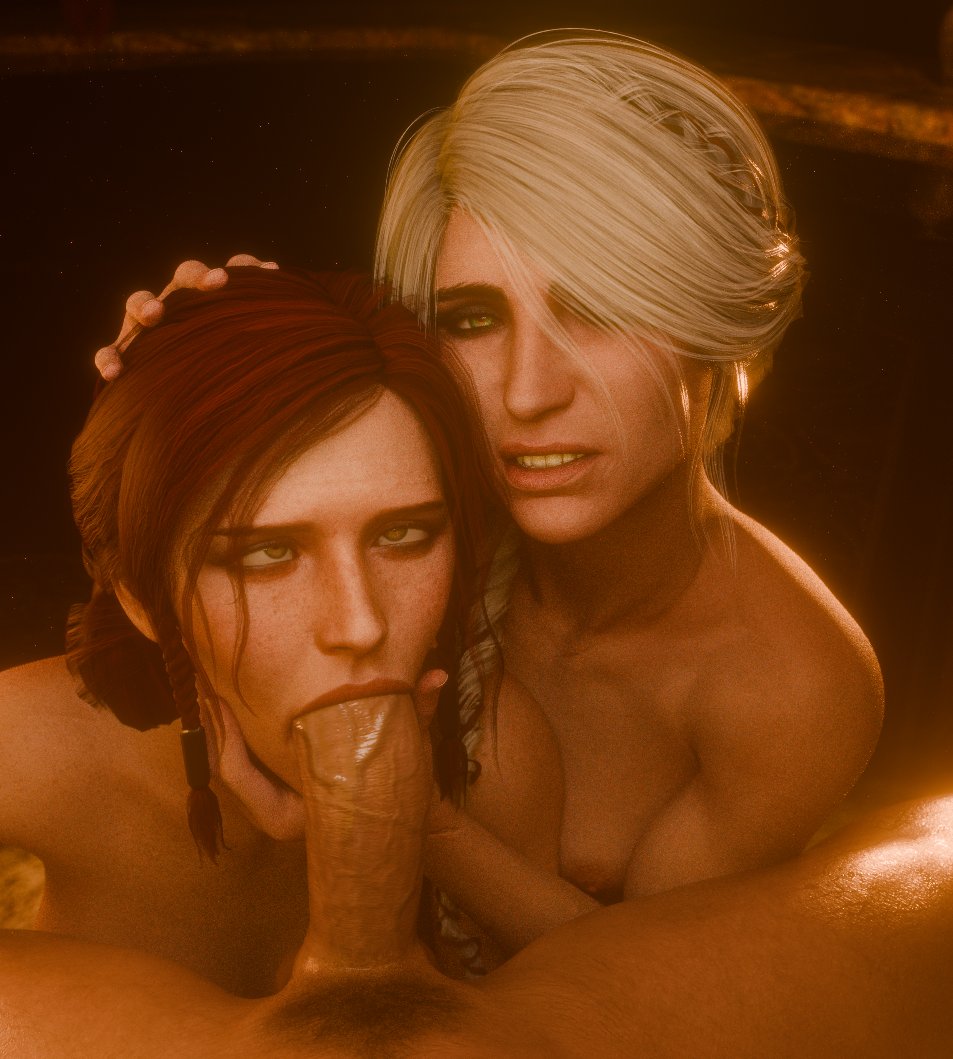 1boy, 2girls, 3d, assisted fellatio, blowjob, braid, breasts, cd projekt red, ciri, completely nude, fellatio, female, freckles, freckles on face, green eyes, head grab, light skin, light-skinned female, light-skinned male, looking at viewer, male, mascara, nipples, nude, oral, oral penetration, oral sex, pubic hair, red hair, scar, sucking penis, the vice art, the witcher (series), the witcher 4, triss merigold, white hair, wip