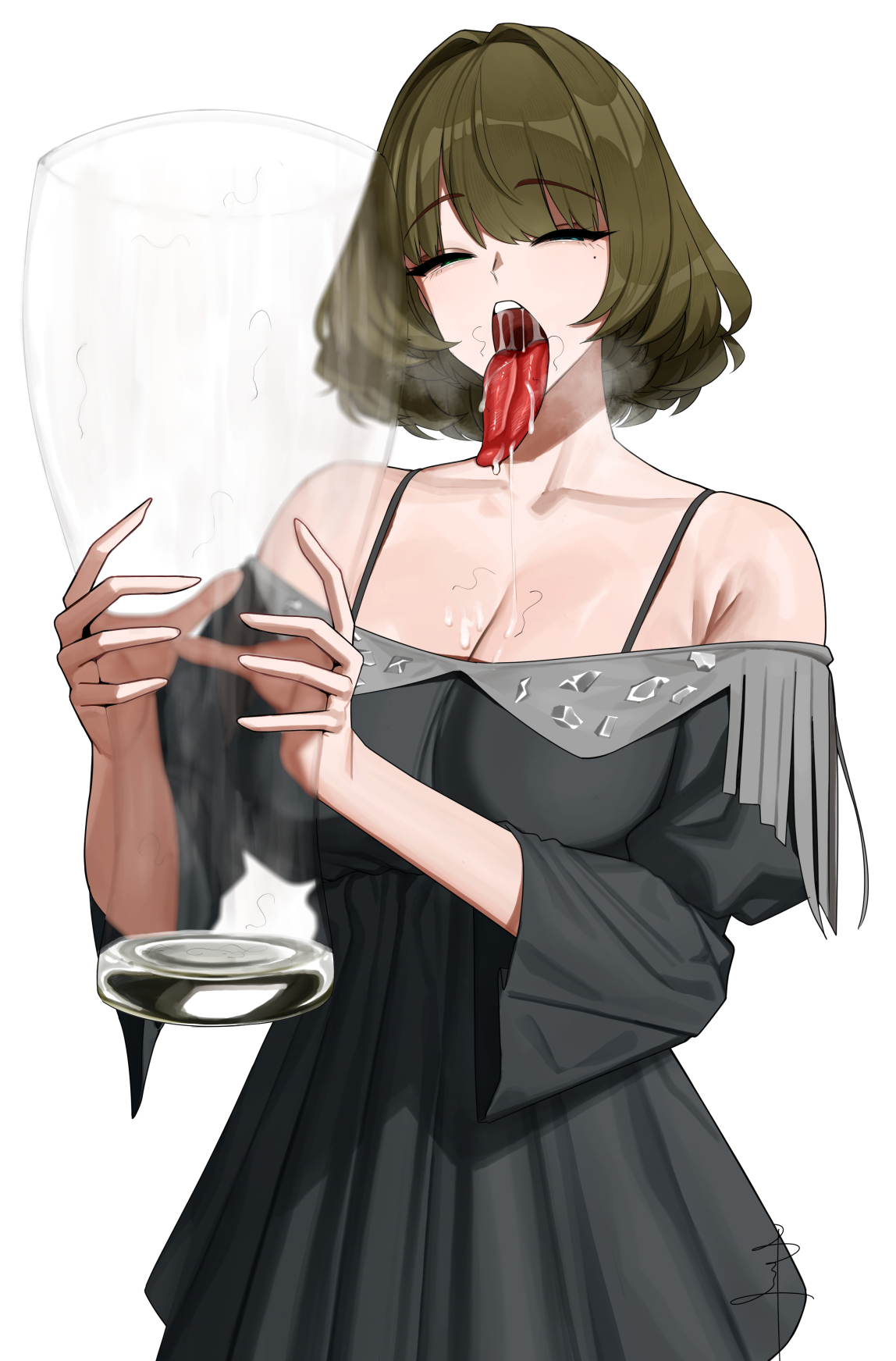 1girl, after drink cum, black dress, blue eyes, bra strap, breasts, cleavage, cum, cum in container, dress, drinking cum, green hair, heterochromia, highres, holding, holding cup, idolmaster, idolmaster cinderella girls, lips, long tongue, looking at viewer, mole, mole under eye, narrowed eyes, off shoulder, off-shoulder dress, saiva, senju (snz0), senzyu (snz0), short hair, steam, stray pubic hair, takagaki kaede