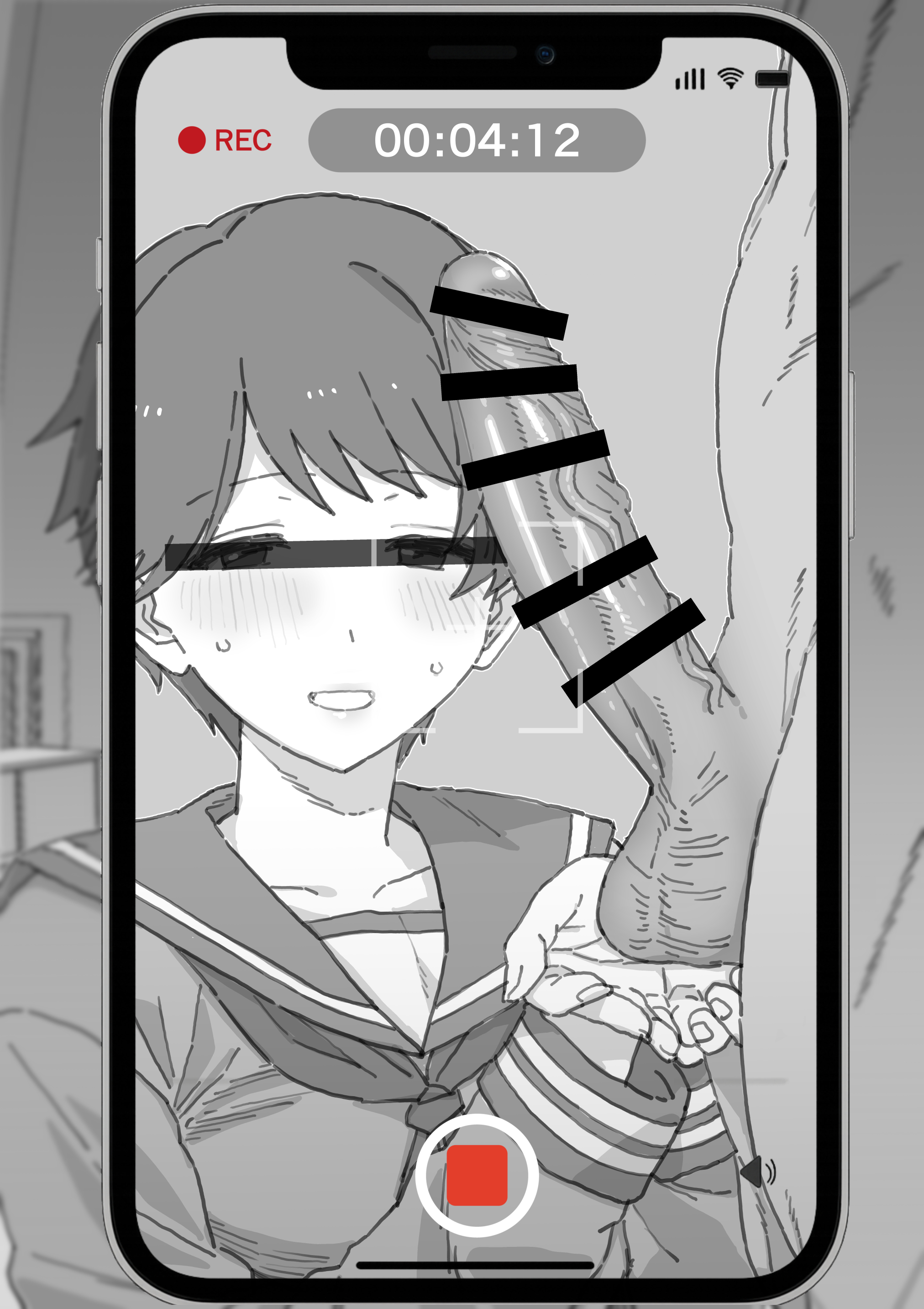 bar censor, blush, caressing testicles, cellphone, censored, censored identity, collarbone, cupping hands, erection, greyscale, hetero, kantai collection, large penis, mo (kireinamo), mogami (kantai collection), monochrome, own hands together, penis, penis awe, phone, recording, sailor collar, school uniform, short hair, smartphone, smile, sweat, testicles