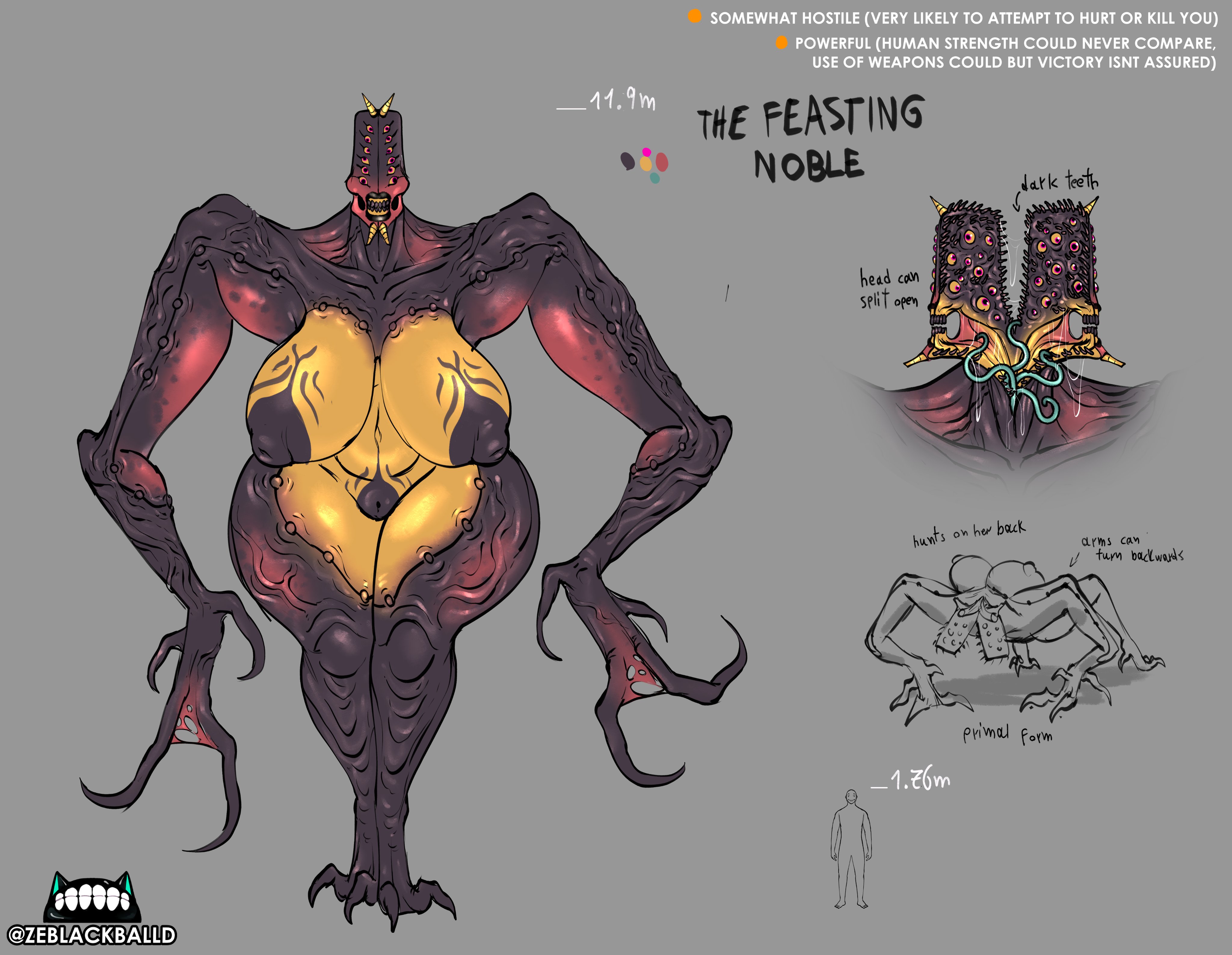 alien, alien girl, character sheet, duo, duo focus, eldritch abomination, giantess, huge breasts, huge thighs, larger female, multi eye, muscular female, nightmare fuel, nightmare waifu, plump lips, reference image, reference sheet, size difference, smaller male, ze blackball.d, zeblackballd (artist)