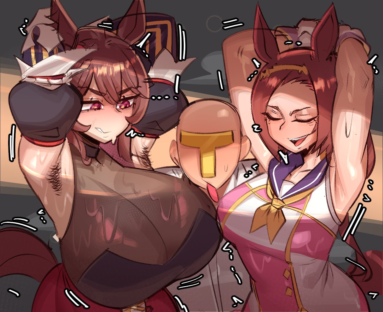2girls, armpit hair, armpits, breasts, breasts size difference, brown hair, female, gentildonna (umamusume), hair, long hair, sakura bakushin o (umamusume), sweat, sweating, sweaty armpits, sweaty breasts, t-head trainer (umamusume), trainer (umamusume), umamusume