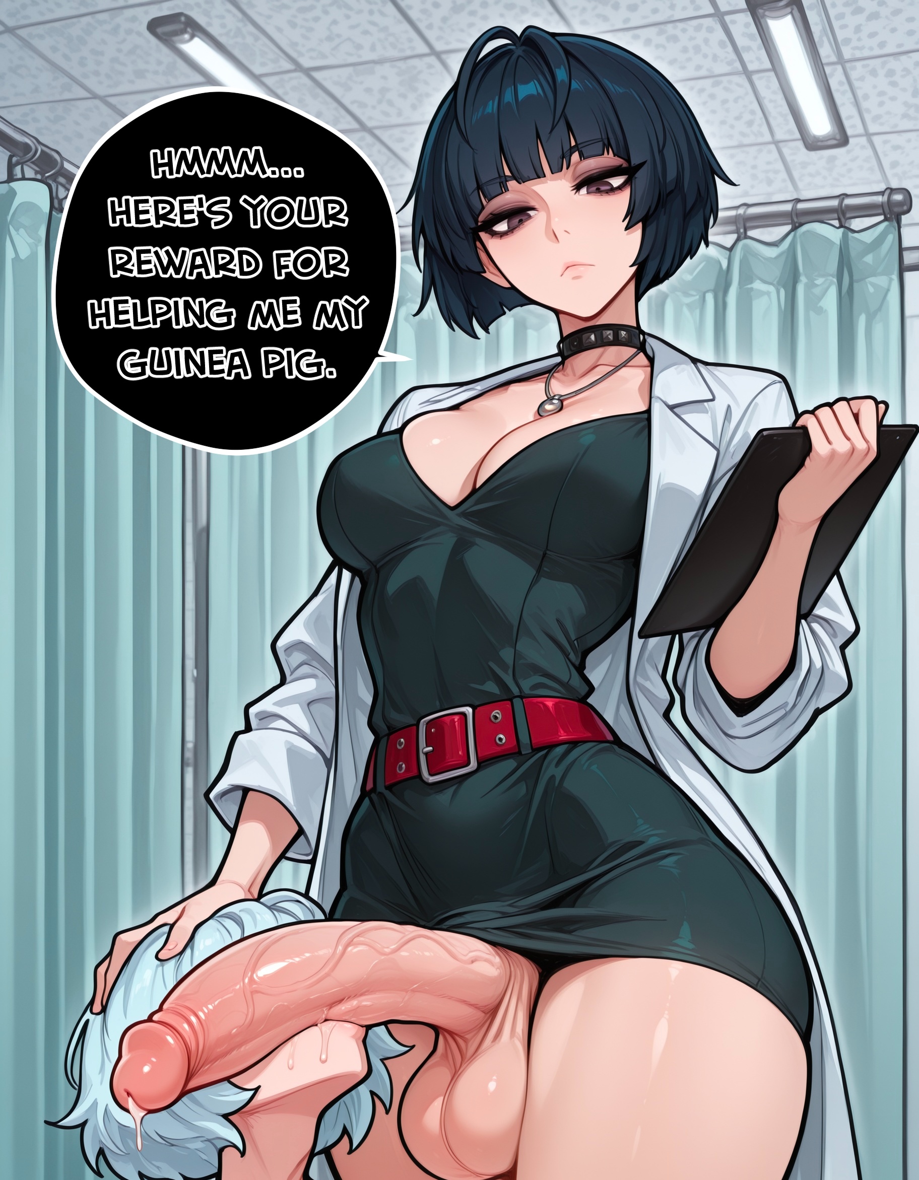 1boy, 1futa, 1male, ai assisted, ai generated, ass, bangs, belt, big ass, big belt, big breasts, big butt, big hips, big penis, blowjob, blue hair, bob cut, breasts, brown eyes, cleavage, clipboard, clothed, clothing, comic, comic page, comic panel, consensual, dick, dickgirl, doctor, dress, emotionless, emotionless female, emotionless futa, eyebrows, eyelashes, fat cock, femdom, flaccid, flaccid penis, futa on male, futadom, futanari, goth, goth futa, goth girl, gothic, gothic girl, grown up, hair, heart, hearts around head, hospital, huge cock, huge penis, imminent fellatio, imminent oral, labcoat, licking, licking penis, lips, long penis, looking at viewer, makeup, name tag, narrow waist, necklace, nose, nurse, penis, penis covering eyes, penis on face, penis over eyes, pent up, persona, persona 5, persona 5 royal, red belt, serious, serious face, serious look, short hair, smooth balls, smooth penis, smooth skin, speech, speech balloon, speech box, speech bubble, speech bubbles, tae takemi, text, text box, text bubble, thighs, throbbing penis, velfur (artist)