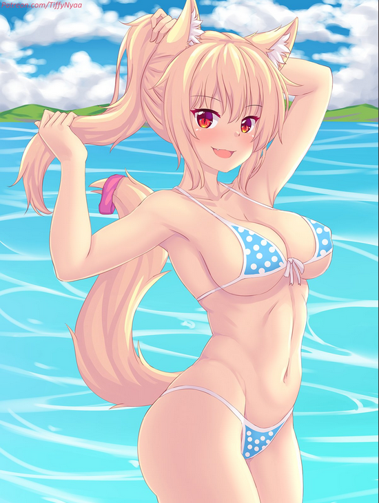 beach, bikini, blonde hair, looking at viewer, red eyes, smile, tail, tiffy, tiffynyaa