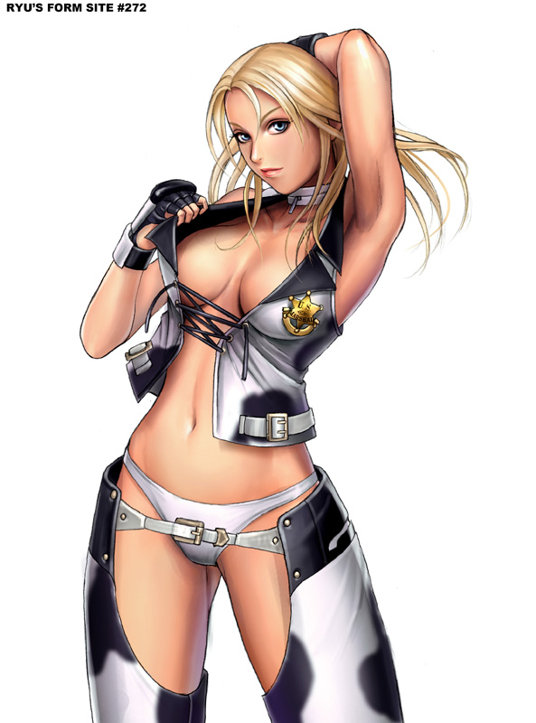 armpits blonde_hair blue_eyes breasts chaps choker cleavage dixie_clemets konami large_breasts long_hair midriff panties rumble_roses ryu_(artist) standing underwear western