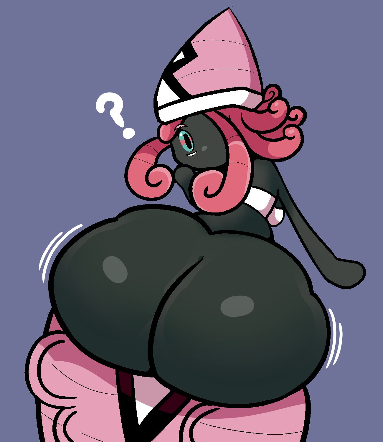 ?, 1girls, 2026, ass, ass focus, back, back view, big ass, big butt, black body, blue eyes, bubble butt, butt, female, female only, generation 7 pokemon, hat, huge ass, large ass, legendary pokemon, looking back, motion lines, nintendo, pink hair, pokemon, pokemon (species), pokemon sm, question mark, solo, squishyblooper, tapu lele, wobbling ass