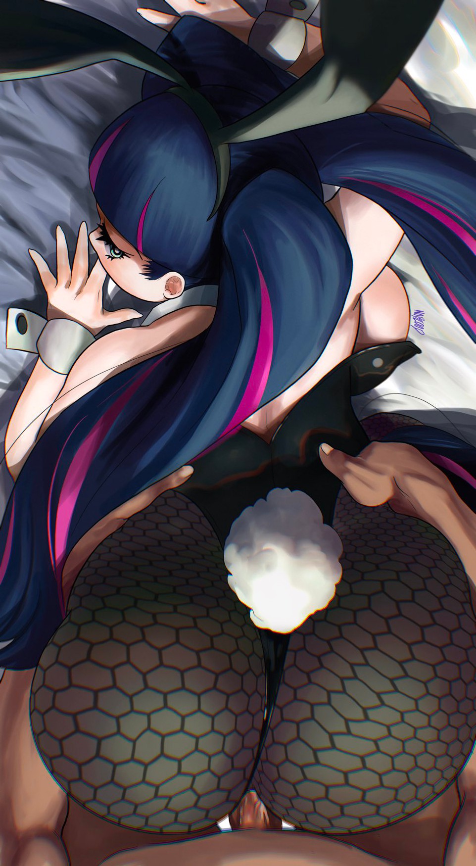 1boy, 1girls, ass, ass focus, big ass, big breasts, breasts, bunny ears, cyan eyes, female, female focus, goth, goth girl, long hair, male/female, navy blue hair, noblood, panty & stocking with garterbelt, ryandomonica, stocking anarchy